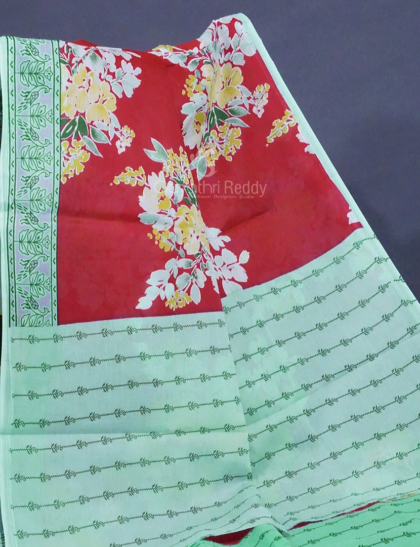 Tomato Red Colour Block Print Pure Mulmul Cotton Saree By Gayathri Reddy Designer Studio