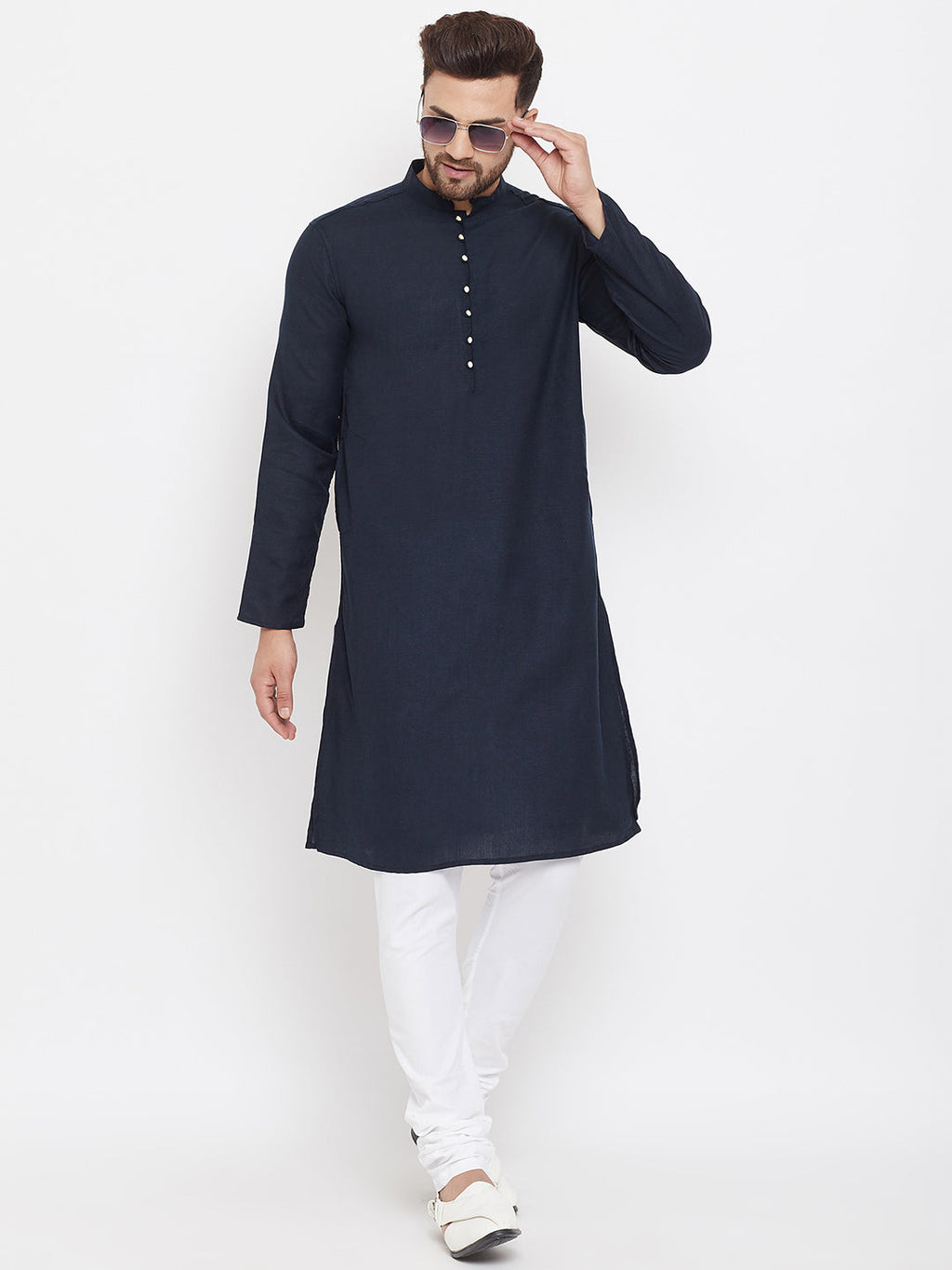 Even Apparels Blue Pure Cotton Kurta With Band Collar