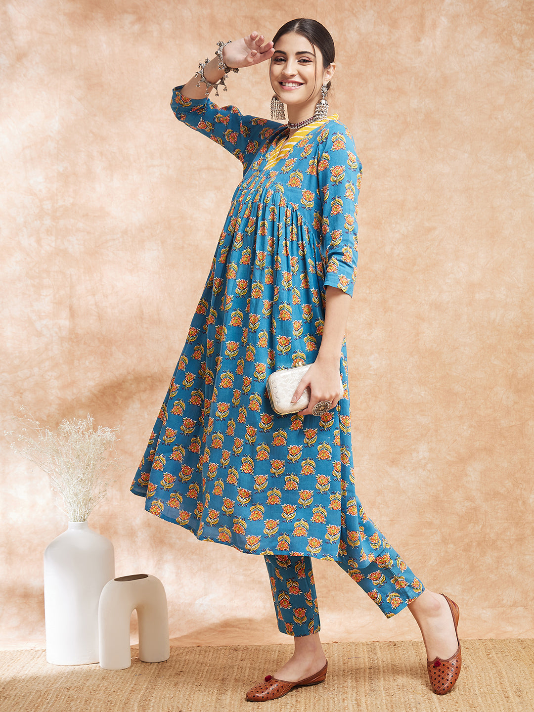 InWeave Women's Blue Orange Floral Yellow White Leh V Neck Kurta Set
