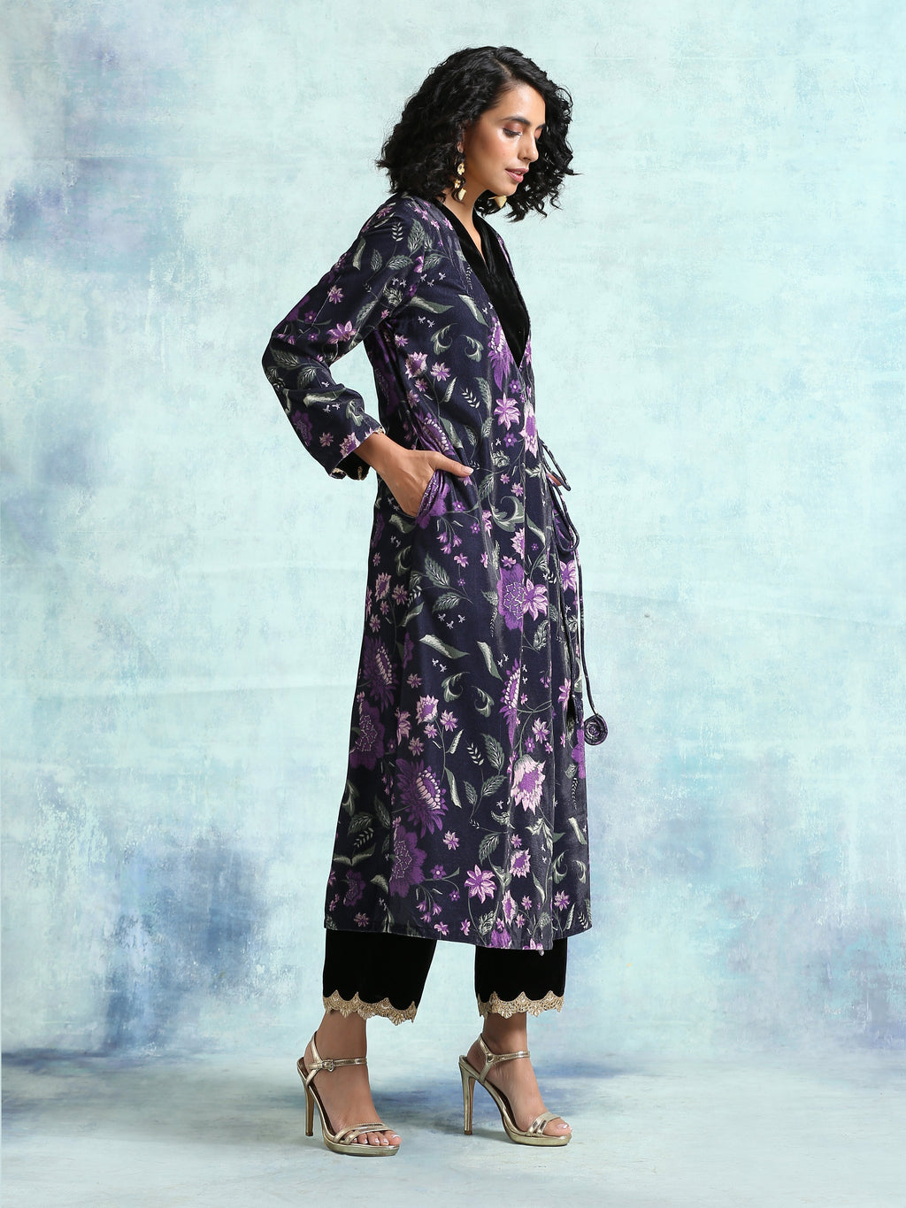 trueBrowns Black Printed Velvet Angrakha Jacket