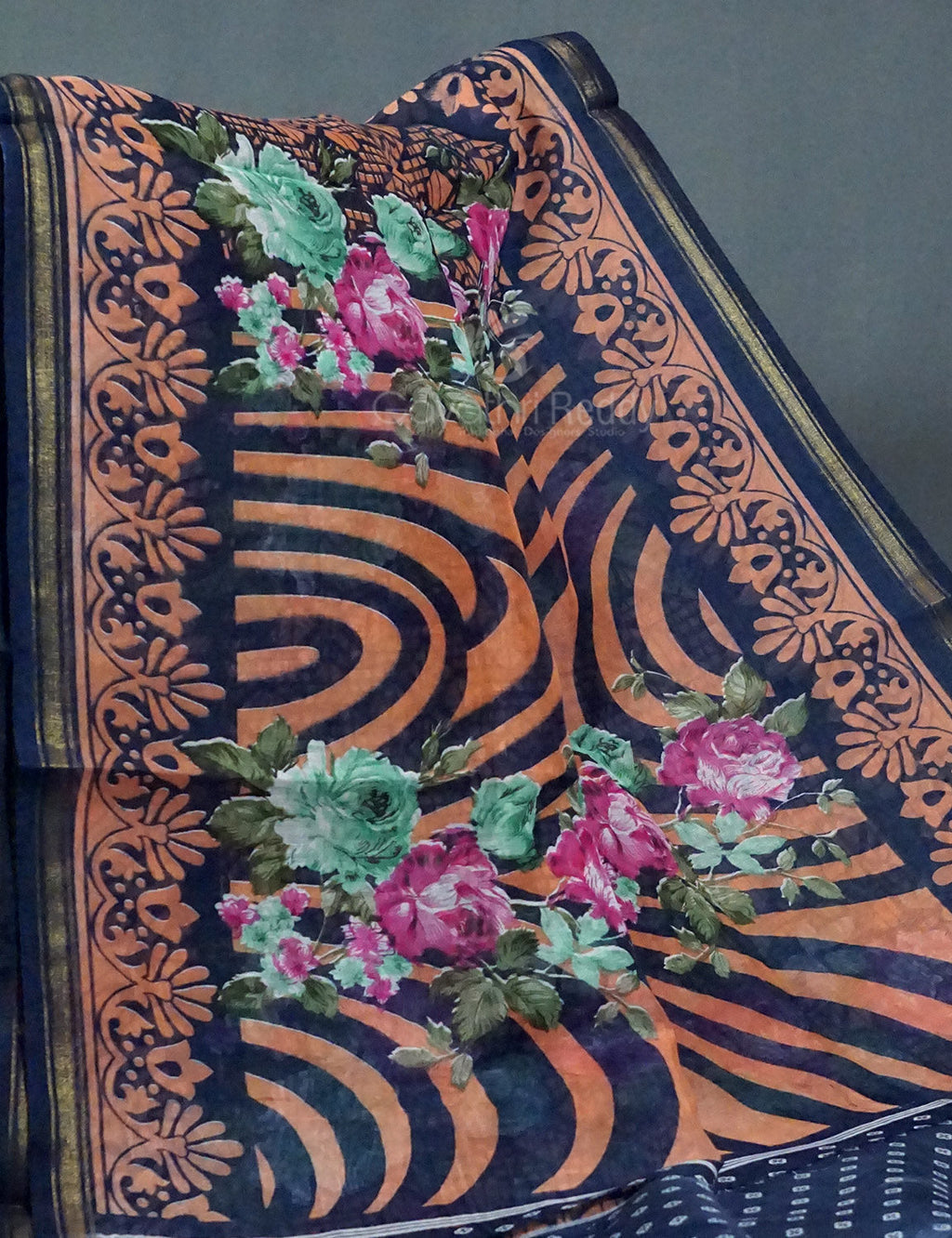 Shades of Navy Blue Colour Floral Design Semi Chanderi Saree By Gayathri Reddy Designer Studio