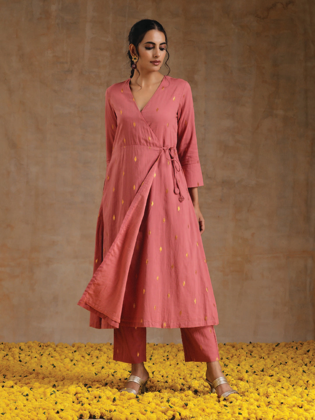 trueBrowns Blush Gold Cotton Angrakha Kurta Set