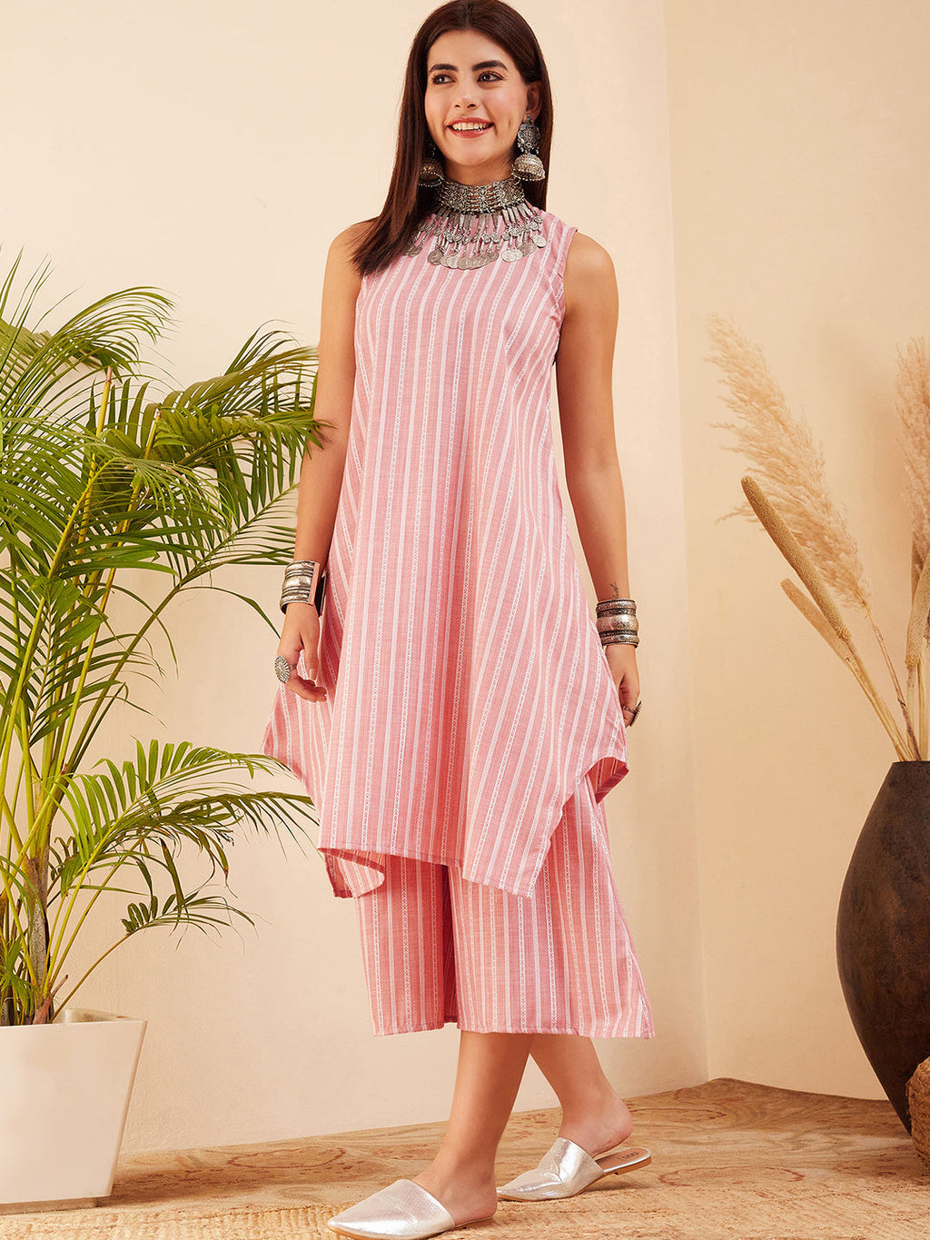 InWeave Women's Light Pink Lurex Kantha Mandarin Neck Kurta Palazzo Set