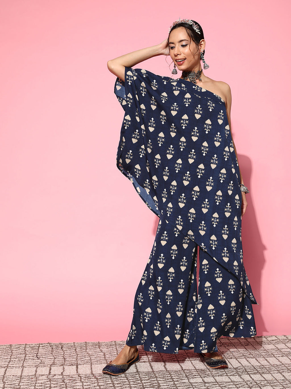 InWeave Women's Blue Boota One Shoulder Top With Palazzo Set