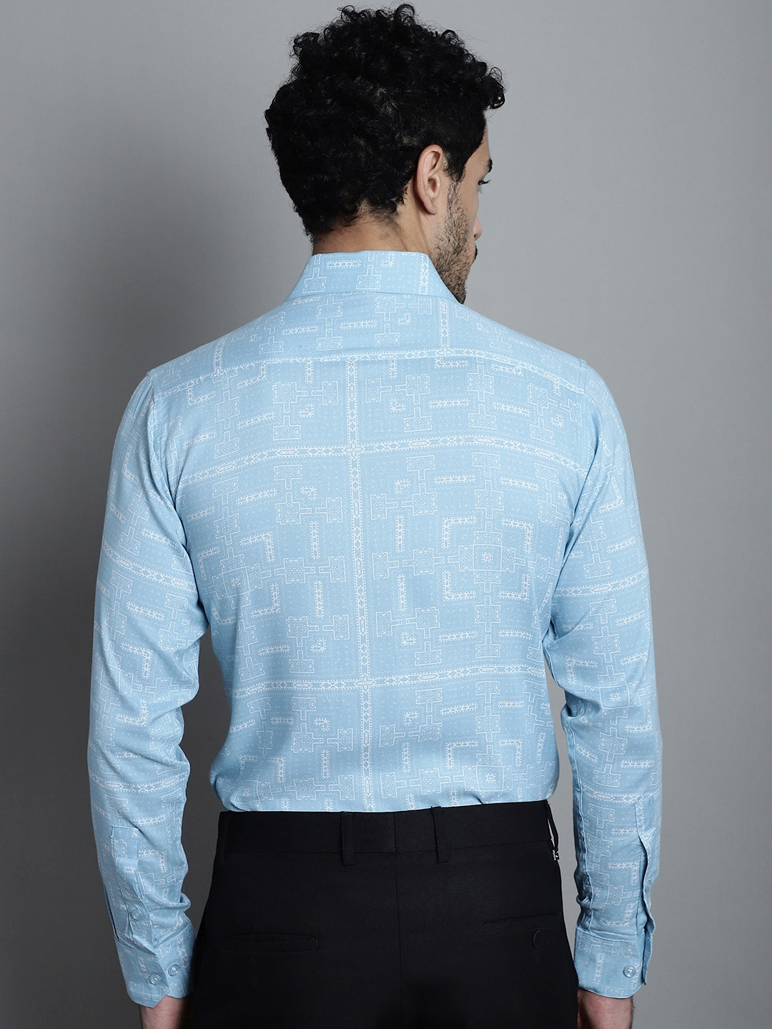 Jainish Men's Geomatric Printed Formal Shirts - Sky Blue