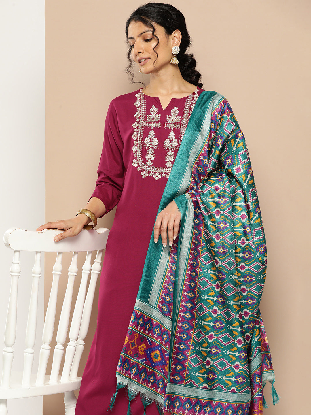 KSUT (House of Varanga) Magenta Kurta With Dori And Zari Embroidered Yoke Paired With Organza Dupatta And Straight Trouser