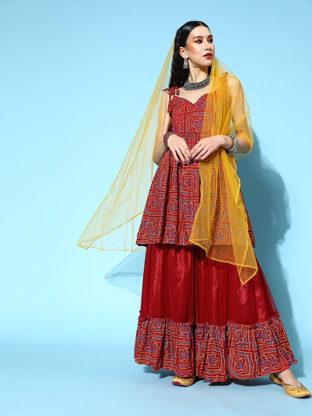 InWeave Women's Maroon Bandhani Net Sharara Set With Dupatta