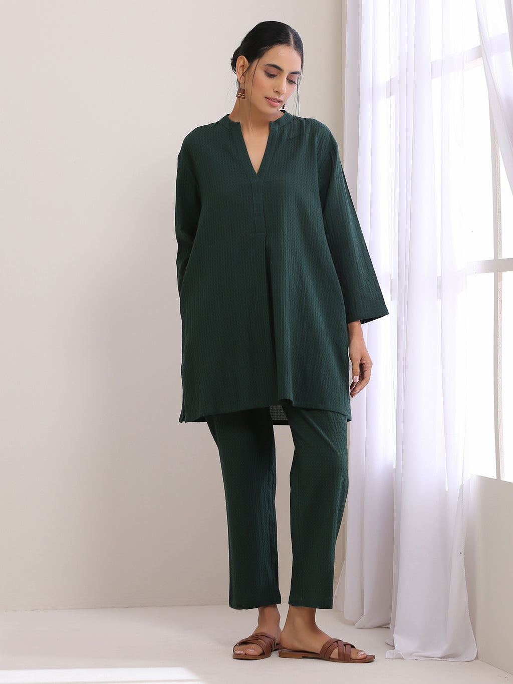trueBrowns Dark Green Dobby Relaxed Fit Co-Ord Set