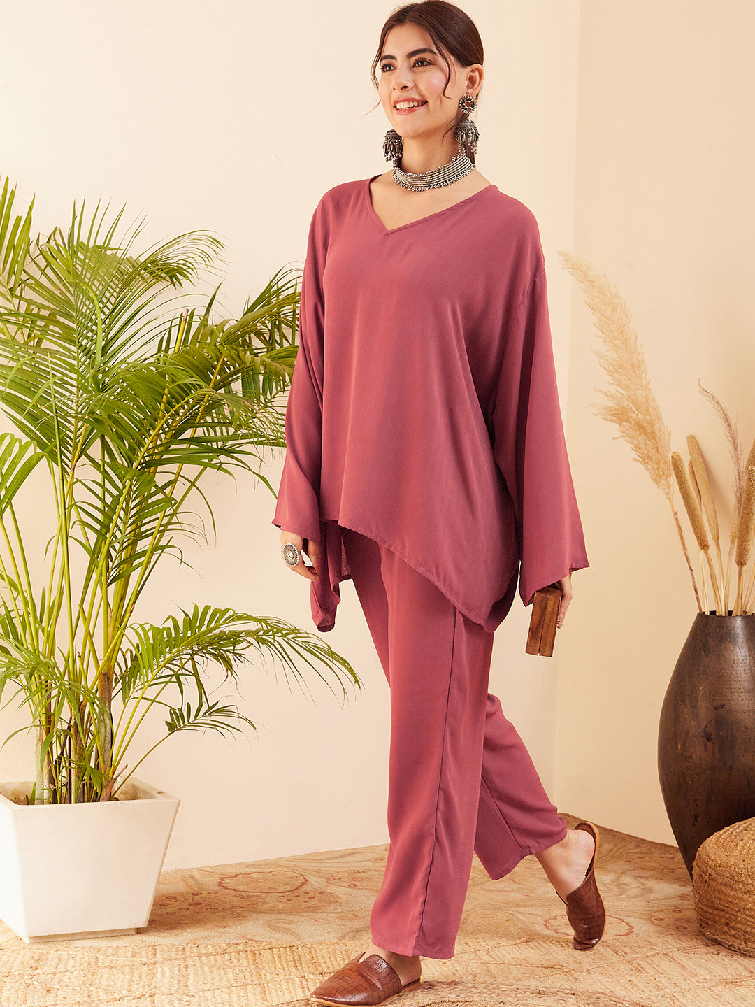InWeave Women's Light Brown Full Sleeve Boho Top Bottom Set