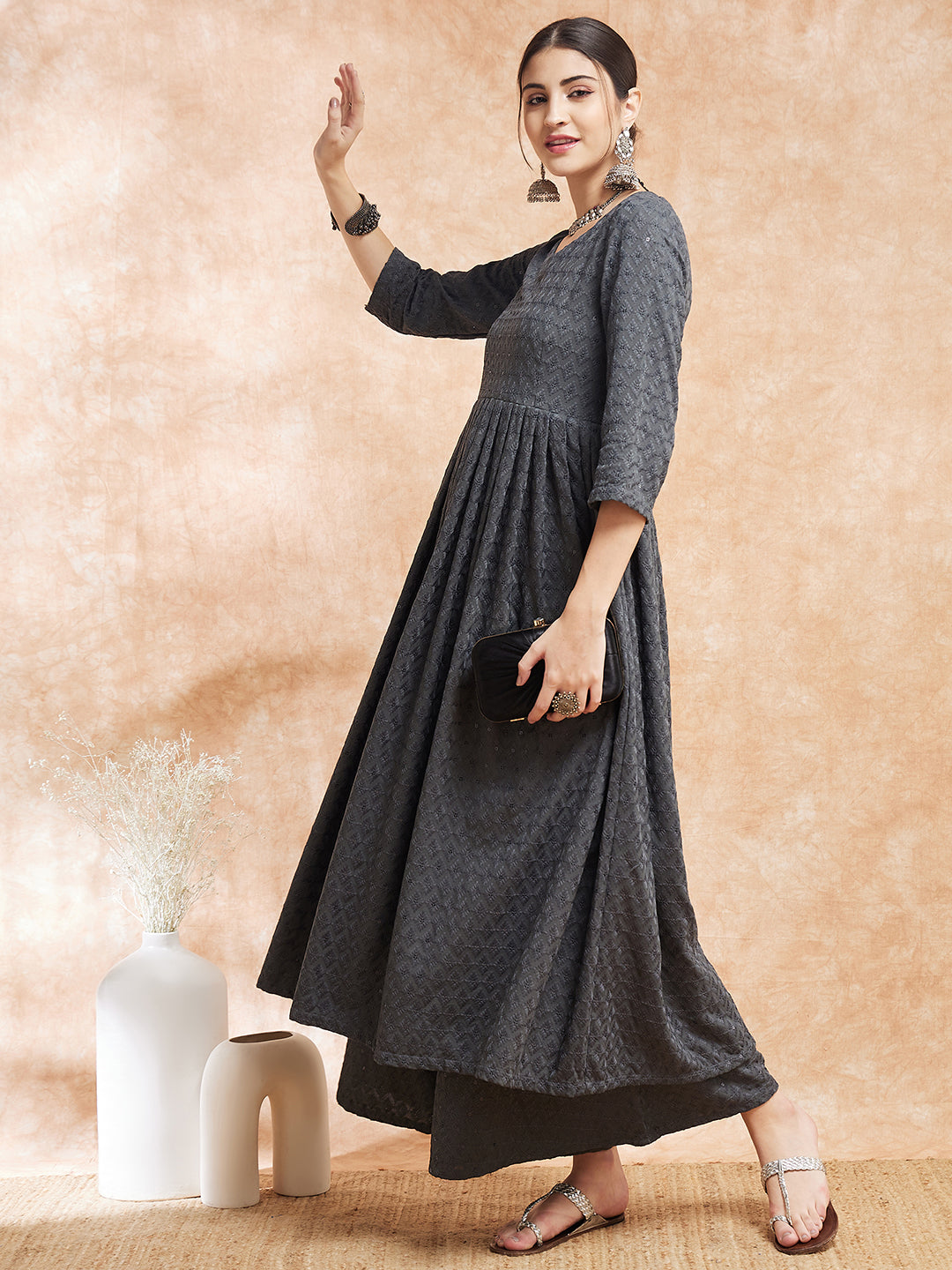 InWeave Women's Grey Chikankari Long Anarkali Kurta Sharara Set