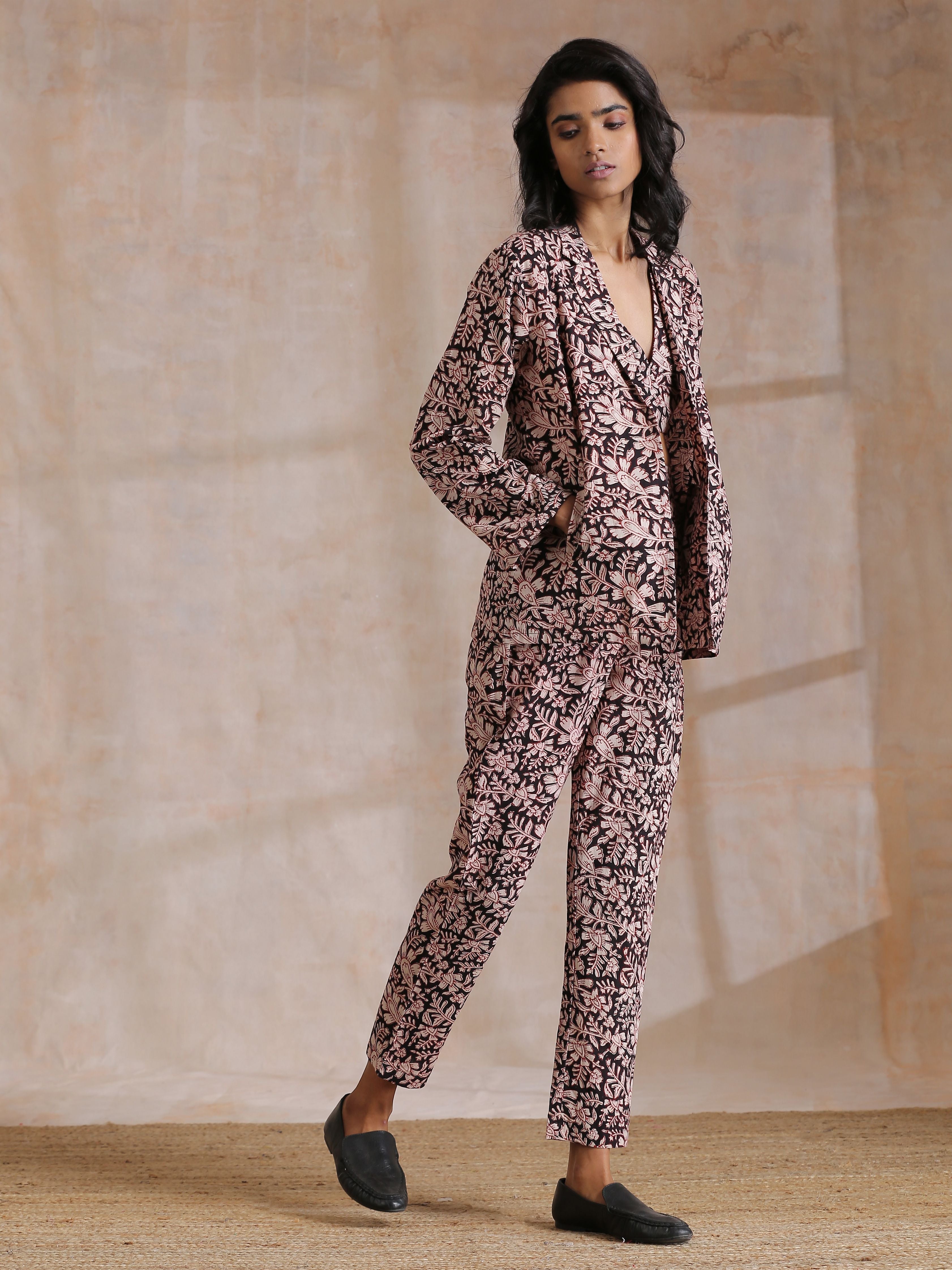 trueBrowns Black Floral Overall Bagru Print Cotton Pant Suit Set