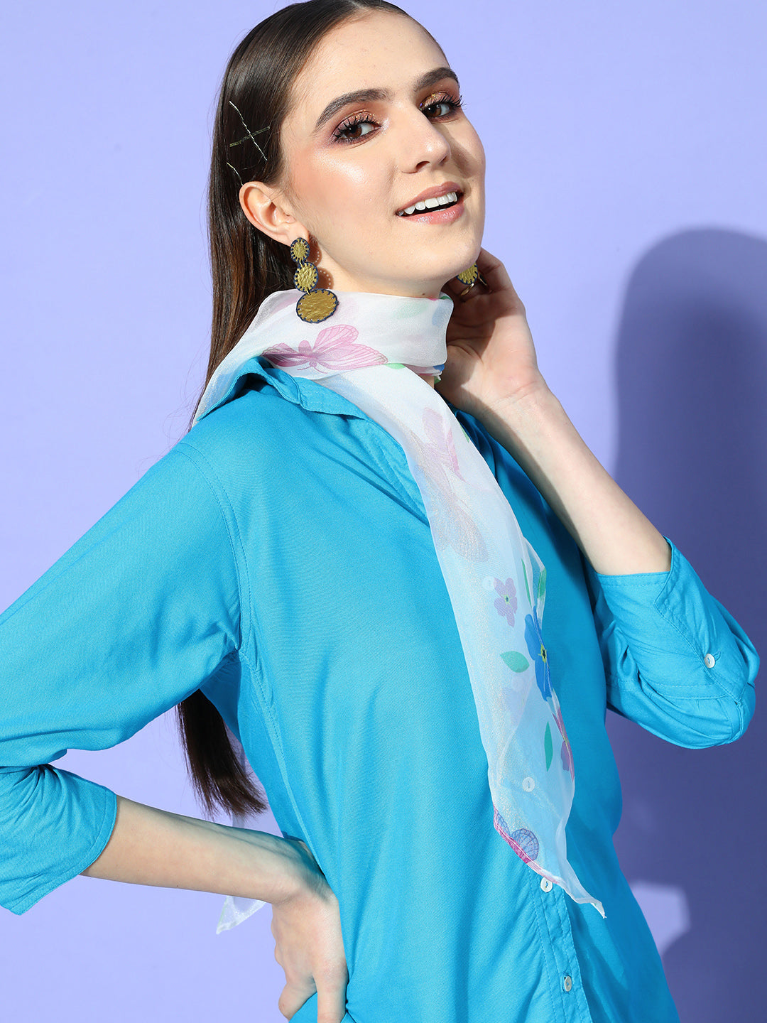InWeave Women's Aqua Blue Coord Set With White Butterfly Scarf