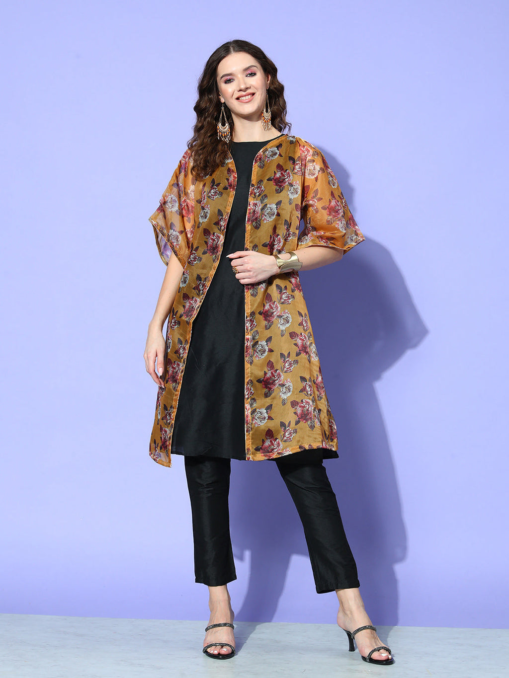 InWeave Women's Camel Brown White Rose Chintz Organza Cape