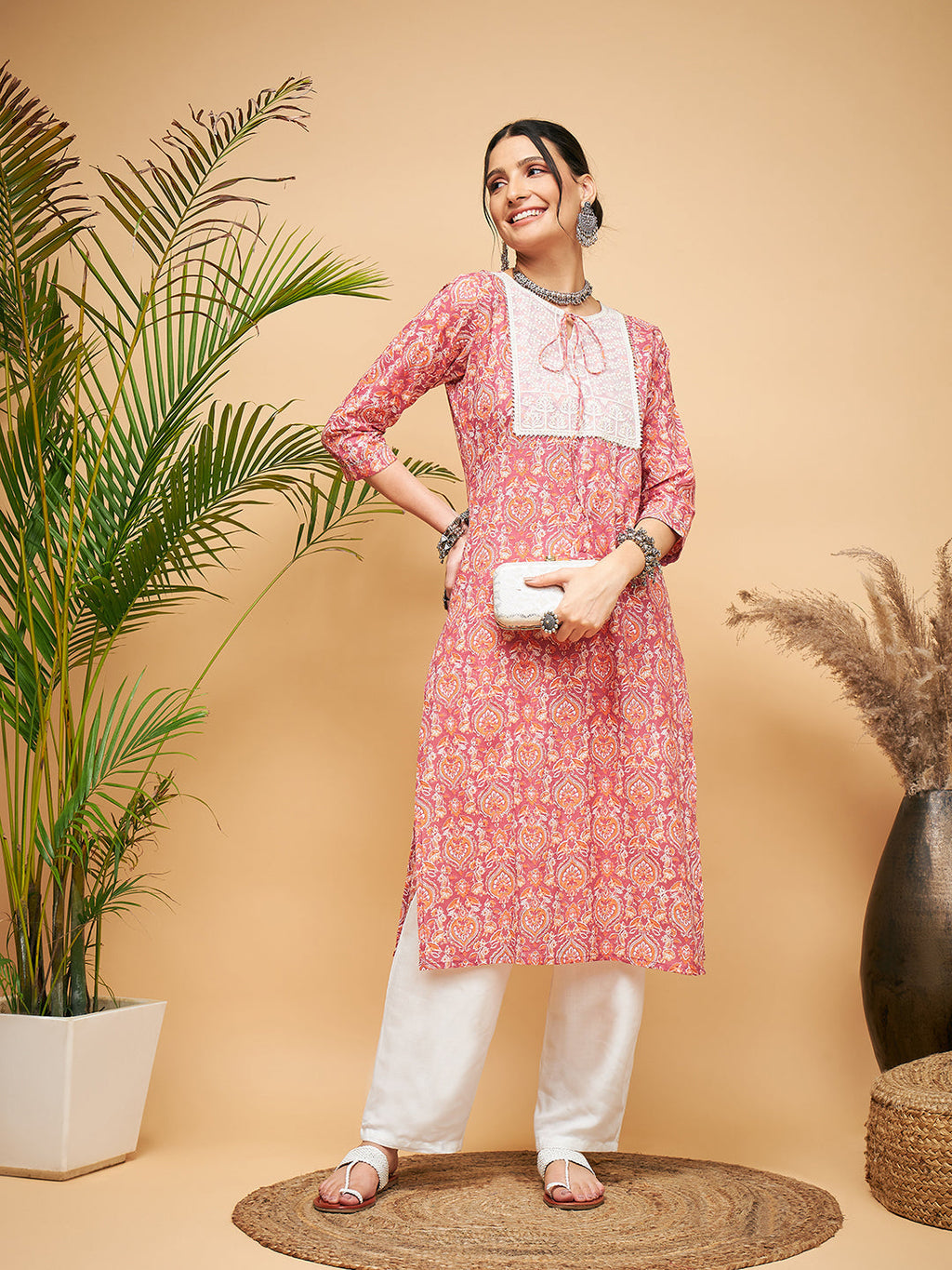 InWeave Women's Dusty Pink Paisley Patch Straight Kurta