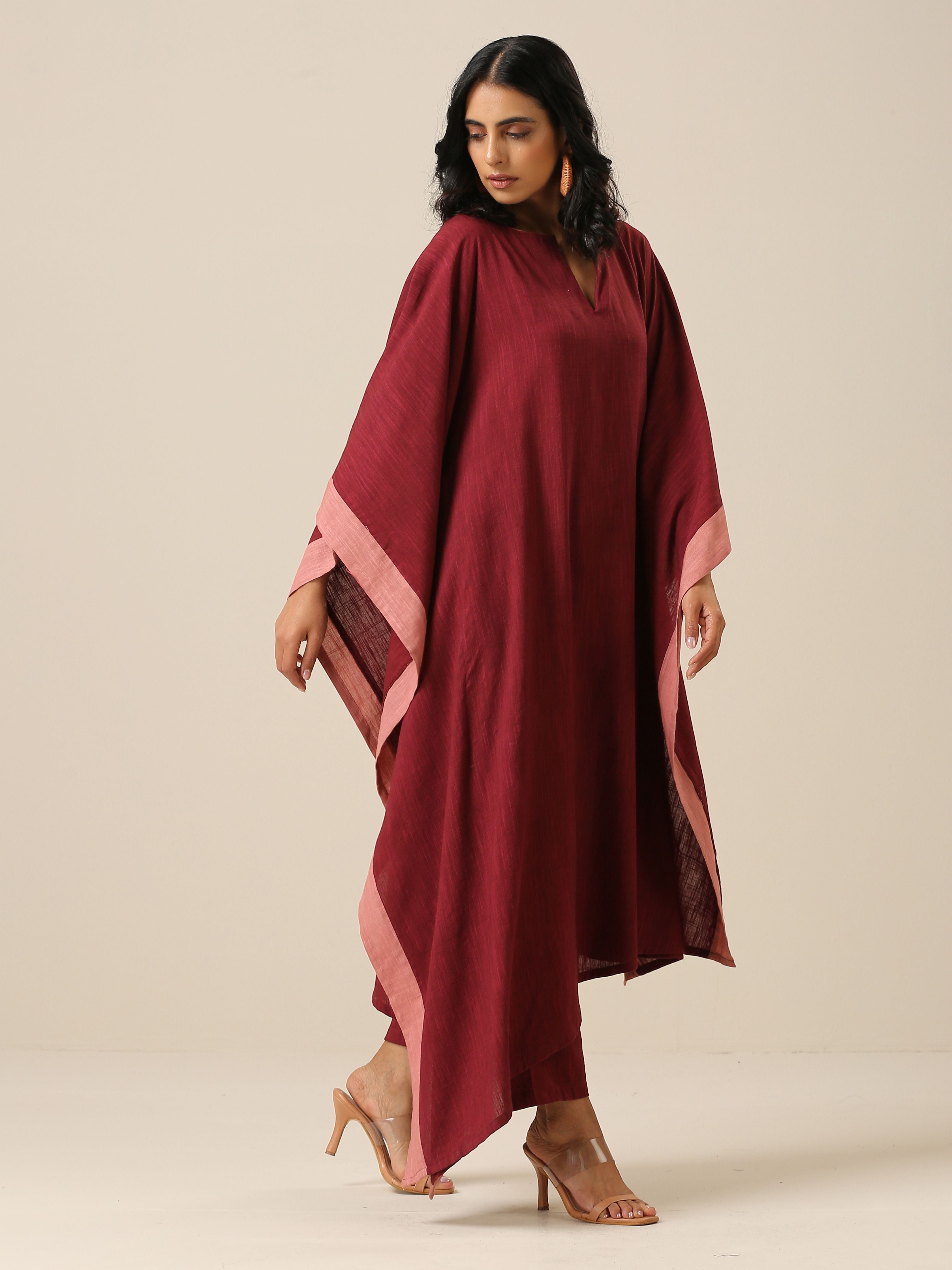trueBrowns Ruby Wine Slub Texture High Low Kaftan Pant Set