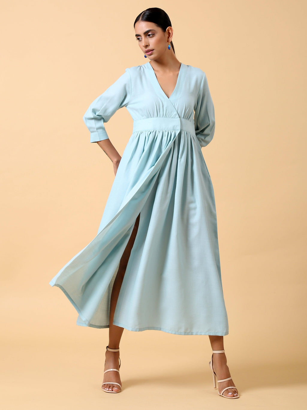 trueBrowns Cotton Linen Light Blue Wrap Dress