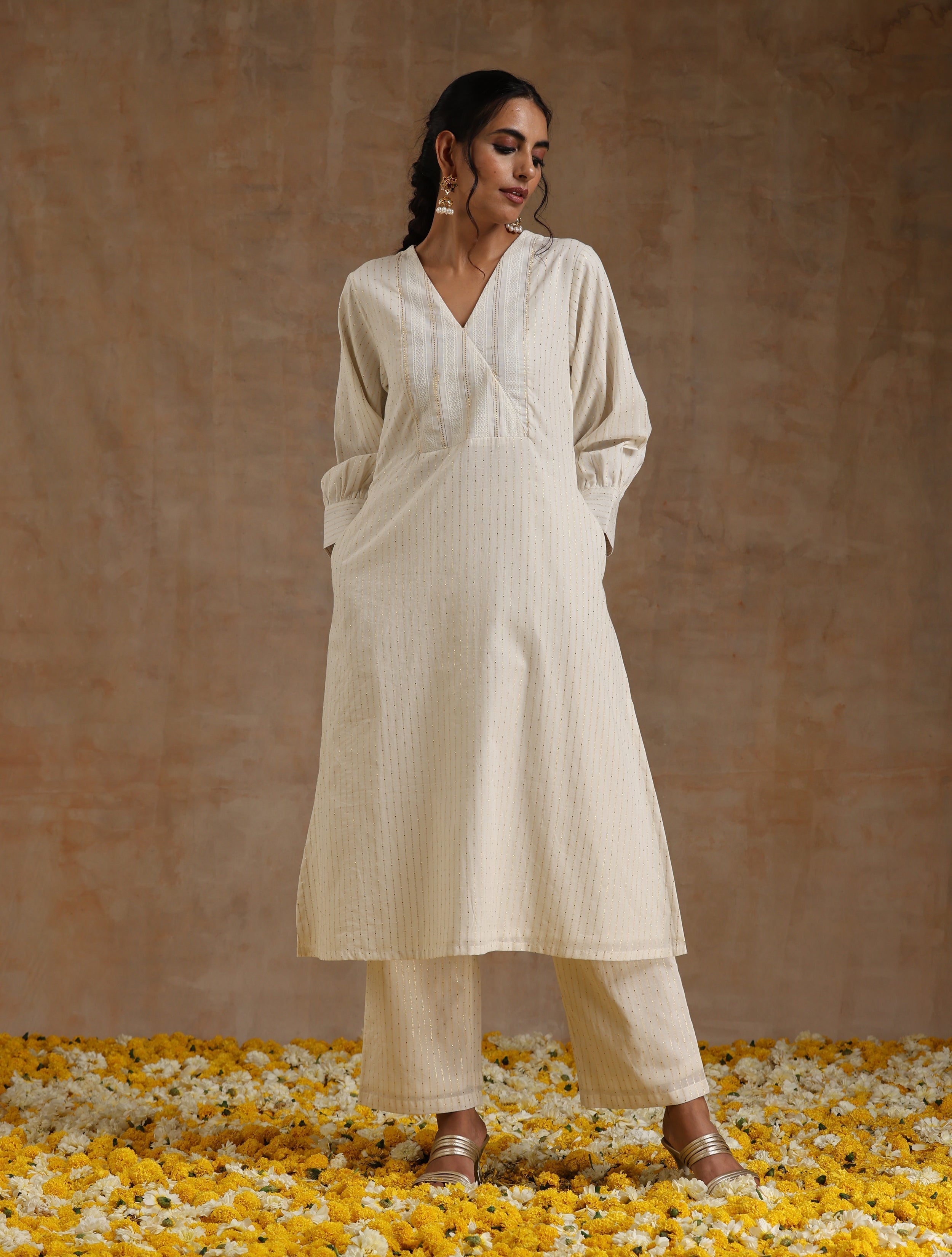 trueBrowns Ivory Gold Cotton Overlap Yoke Kurta Set