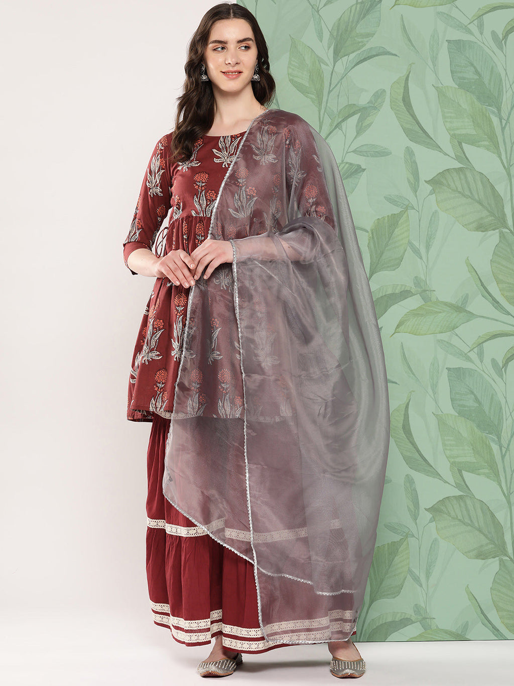 InWeave Women's Brick Rust Boota Sharara Set With Dupatta