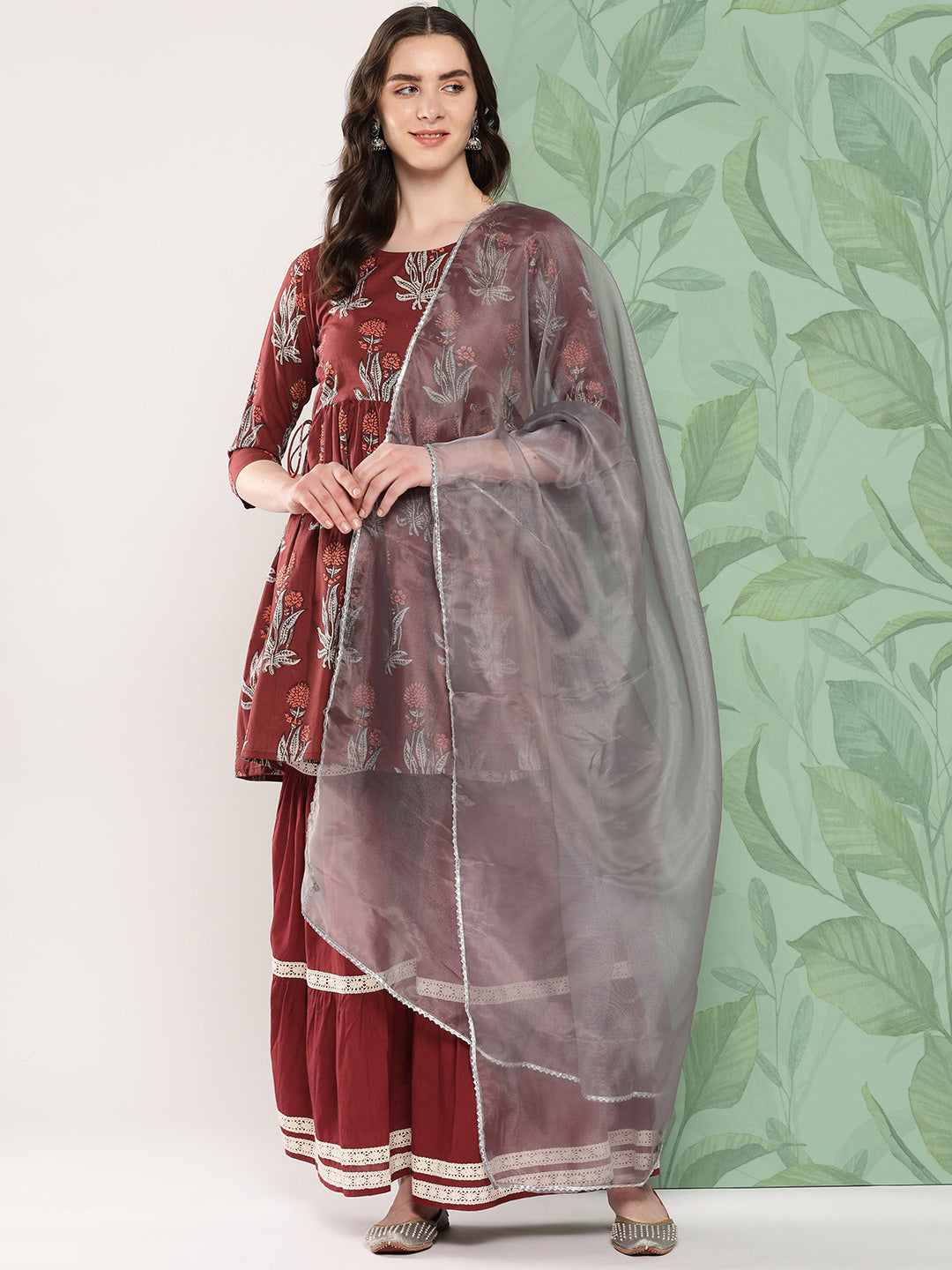 InWeave Women's Brick Rust Boota Sharara Set With Dupatta