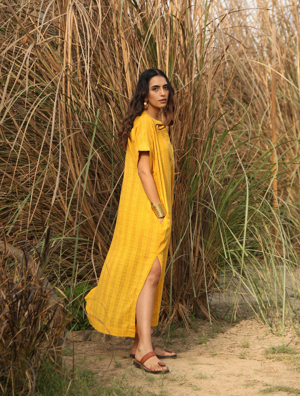 trueBrowns Mustard Cotton Dobby Oversized Dress
