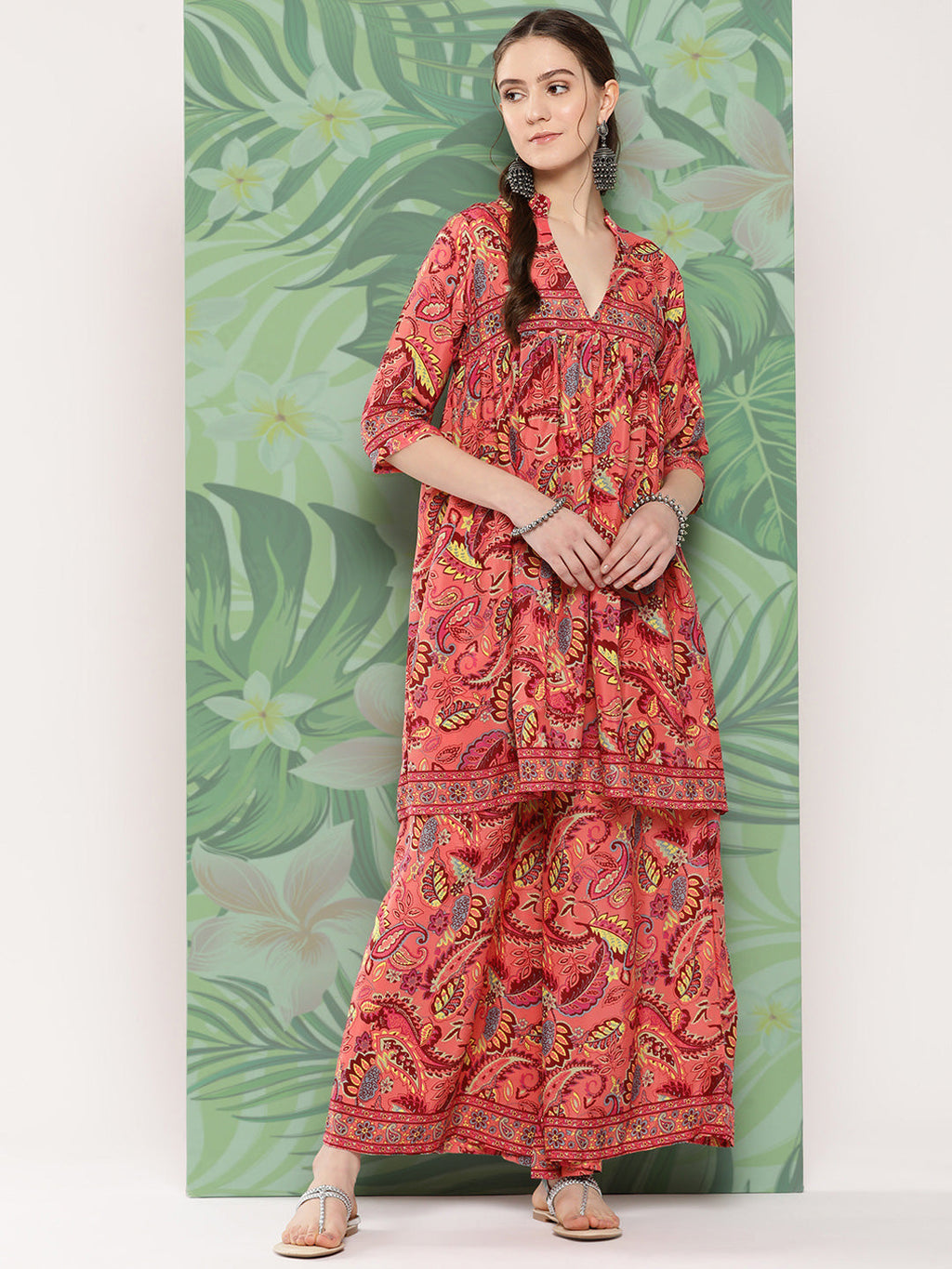 InWeave Women's Peach Camelia Printed Ethnic Kurta Set