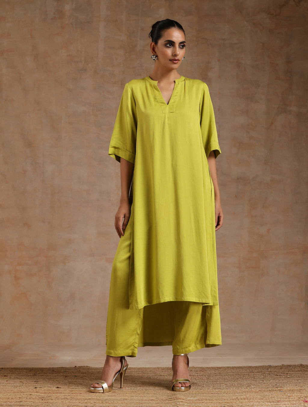 trueBrowns Lime Modal Satin High-Low Relax Kurta Set