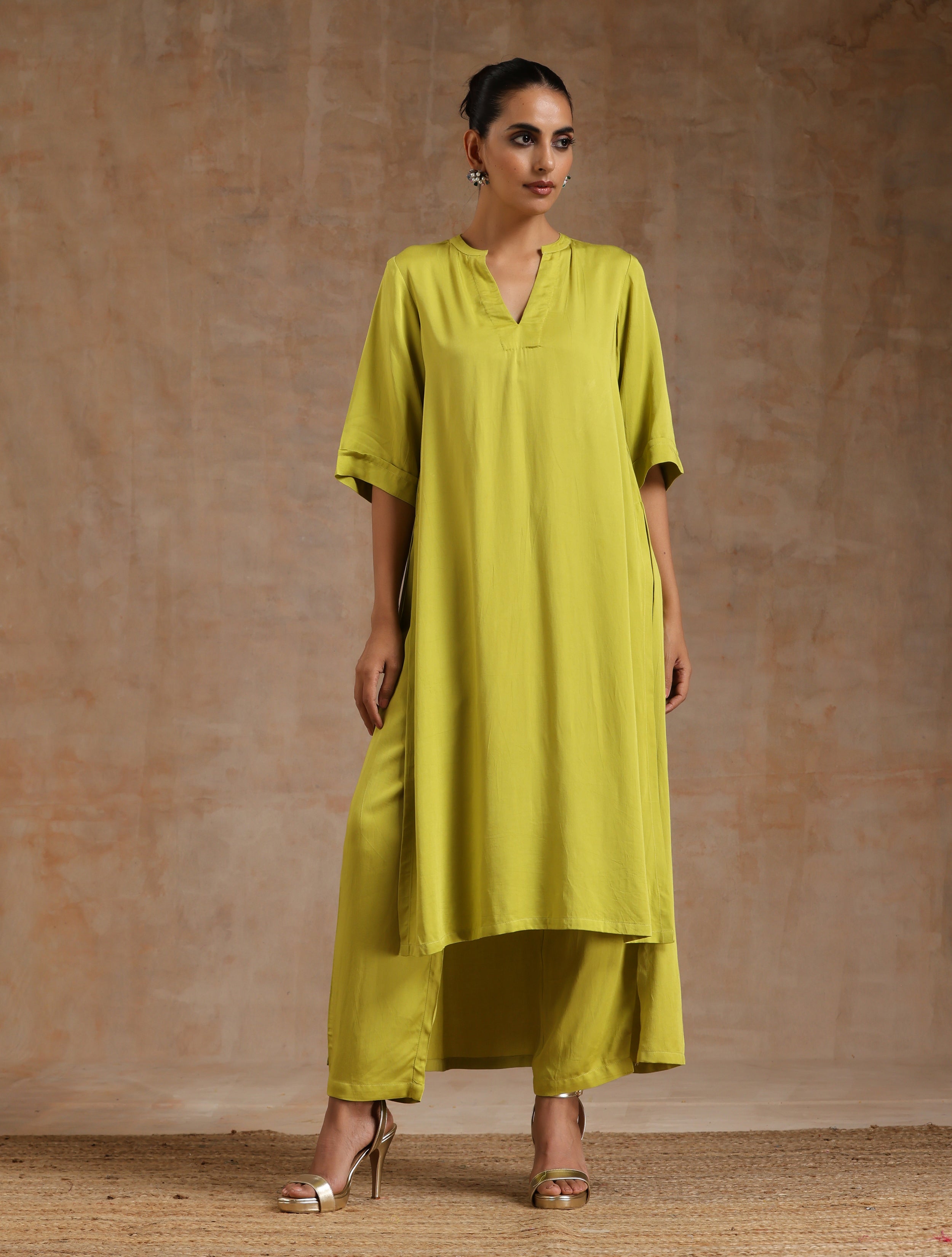 trueBrowns Lime Modal Satin High-Low Relax Kurta Set