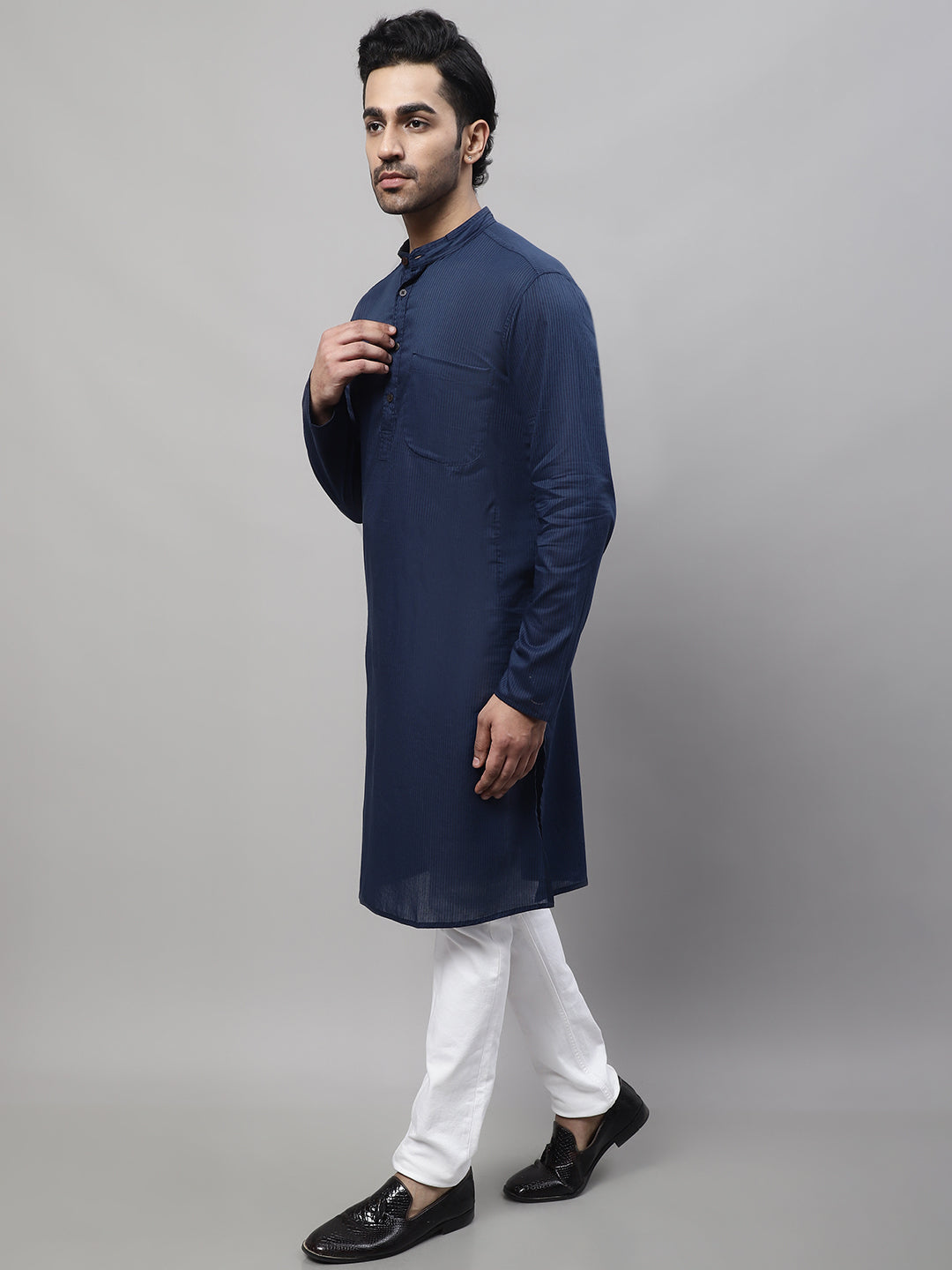 Even Apparels Blue Pure Cotton Kurta With Band Collar
