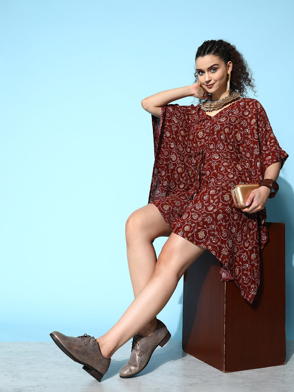 InWeave Women's Burgundy Jaal Print Kaftan Dress
