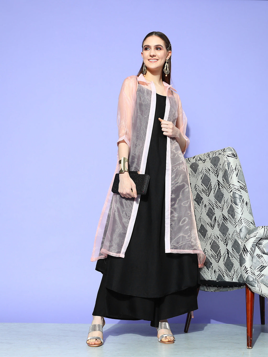 InWeave Women's Black Strappy Kurta Set With Peach Organza Cape