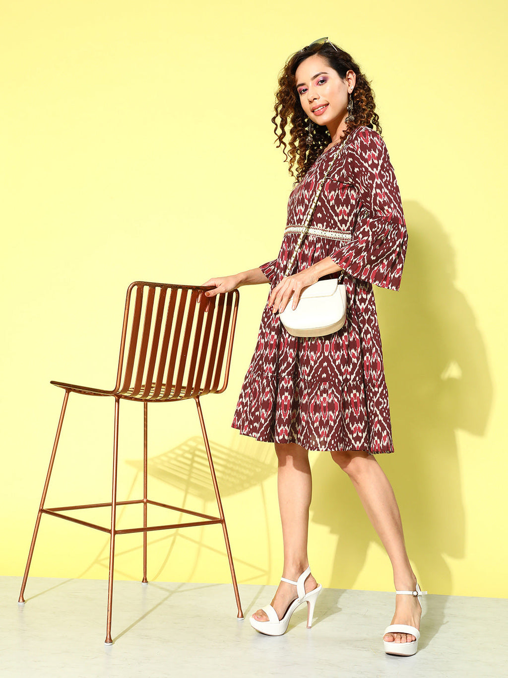 InWeave Women's Wine Pink Ikkat Print Short Dress