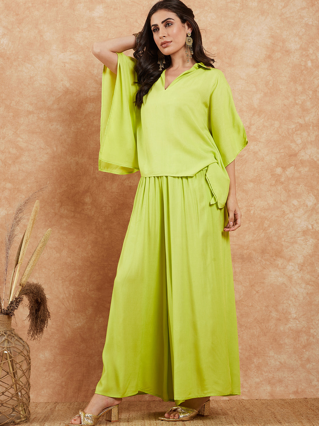 InWeave Women's Lime Green Solid Collar Neck Boho Top Bottom Set