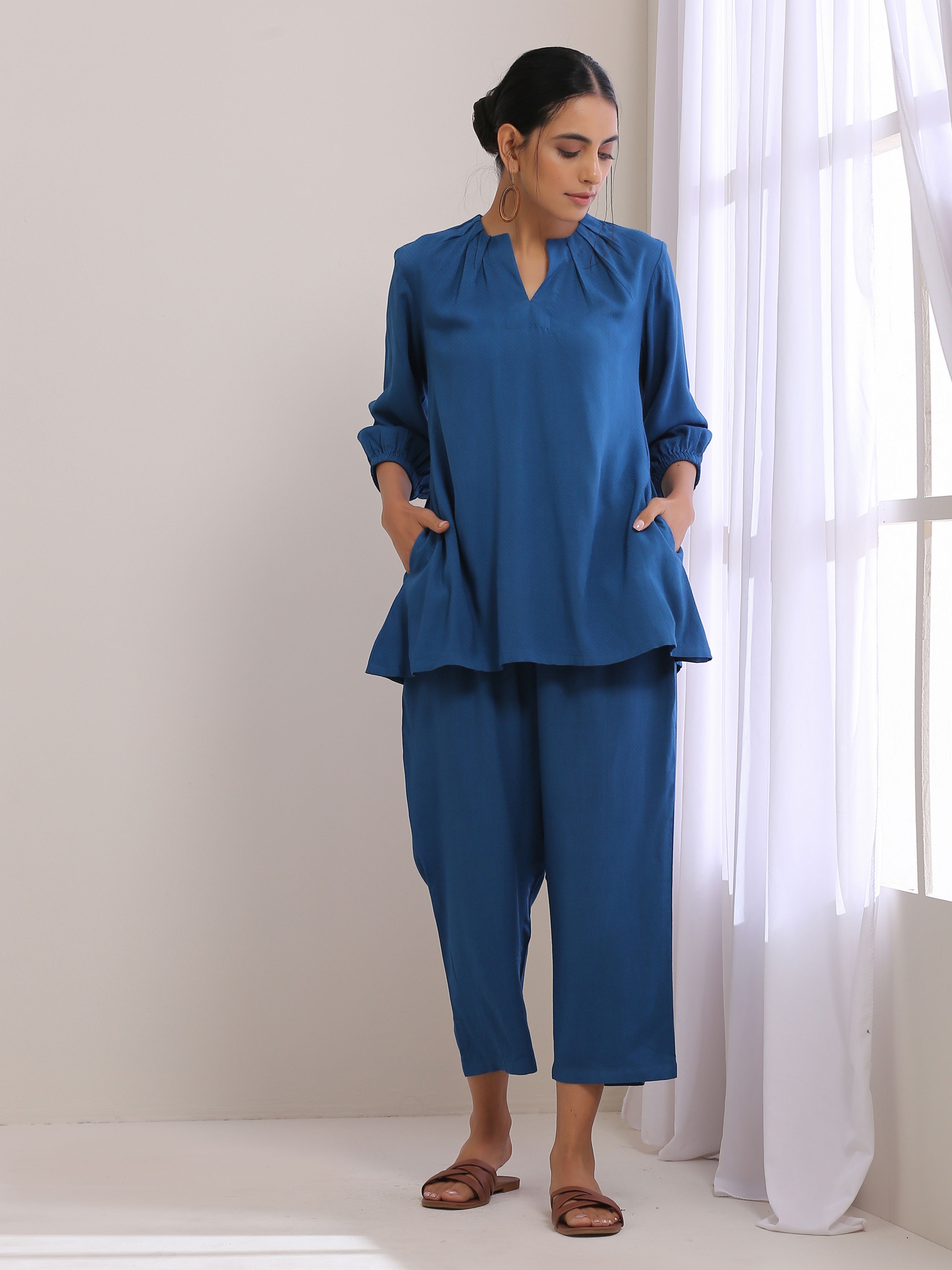 trueBrowns Classic Blue Dobby Pleated Co-Ord Set