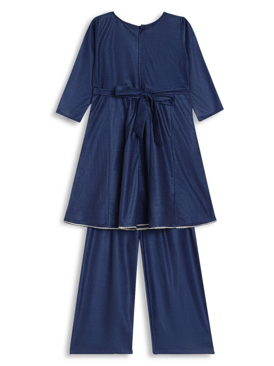 Ahalyaa Girls Navy Blue Velvet Angrakha Gotta Patti Kids Kurta with Palazzos