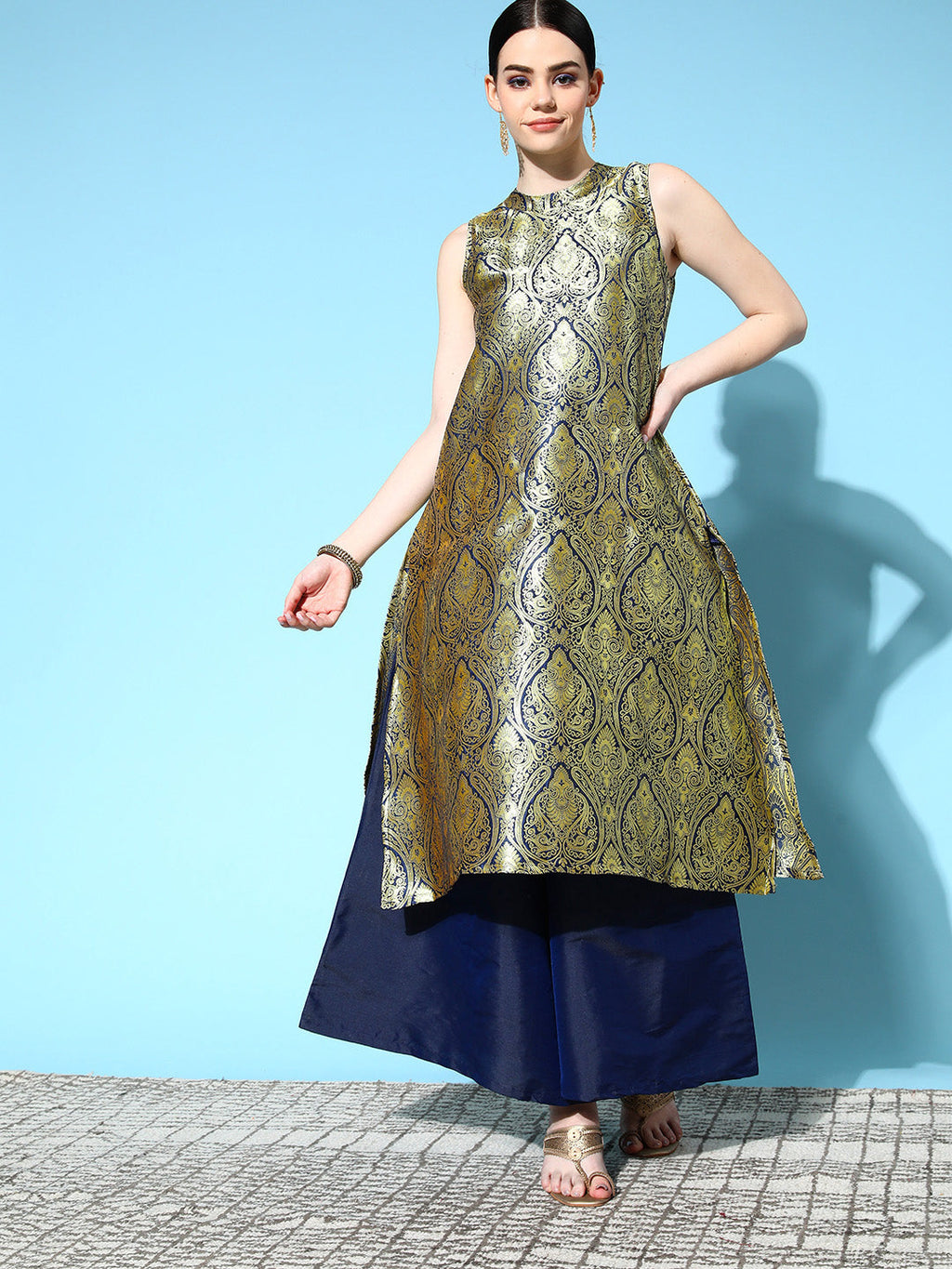 InWeave Women's Blue Banarasi Halter Kurta Set