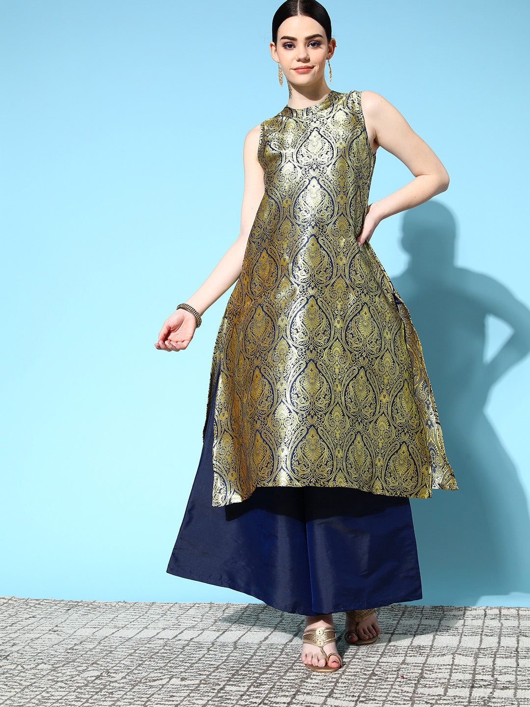 InWeave Women's Blue Banarasi Halter Kurta Set