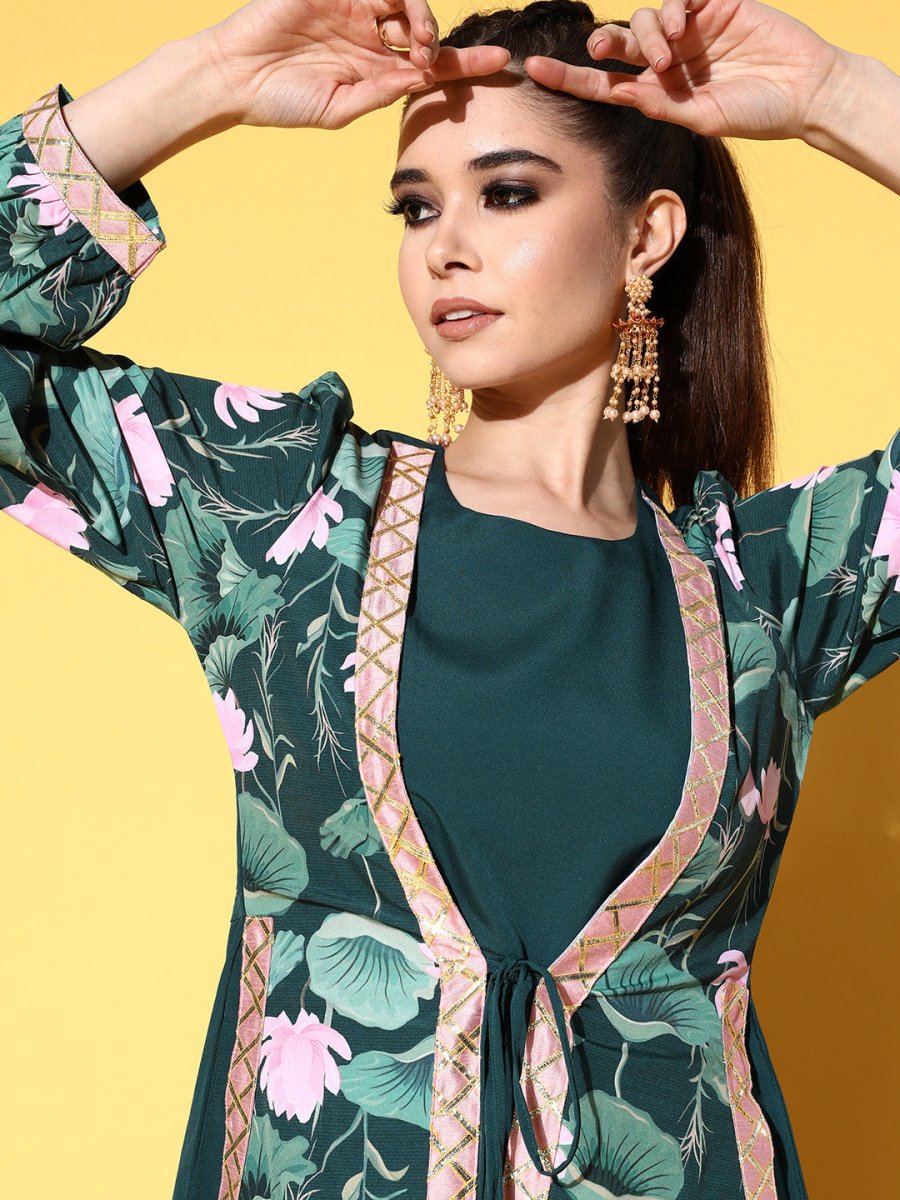 Ahalyaa Green Crepe Puff Sleeves Floral Printed Maxi Ethnic Dress with Waist Tie-Ups