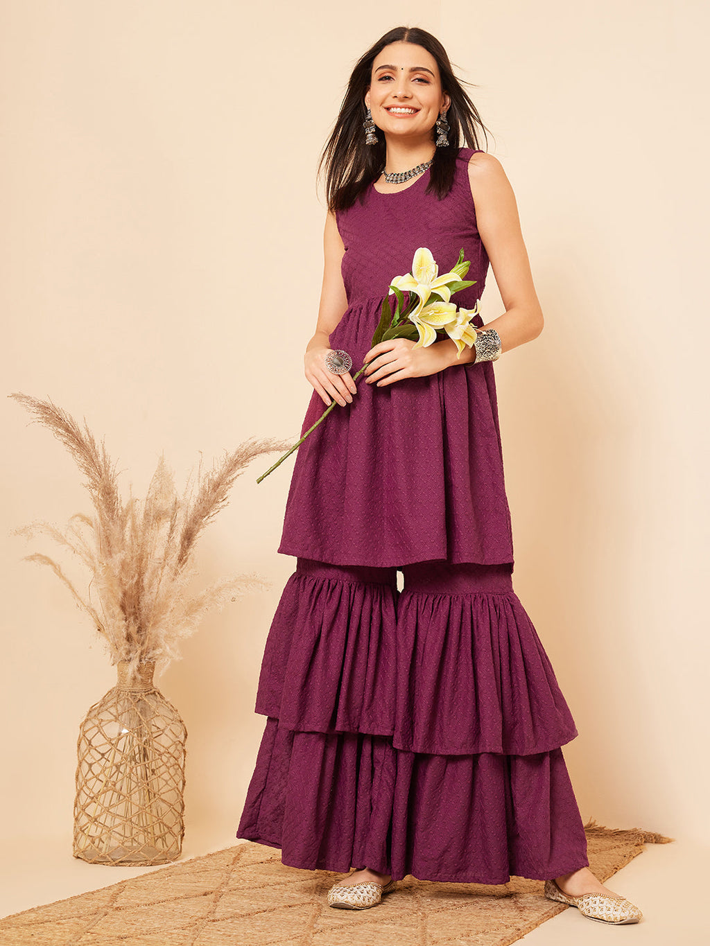 InWeave Women's Purple Lace Work Double Layer Sharara Set