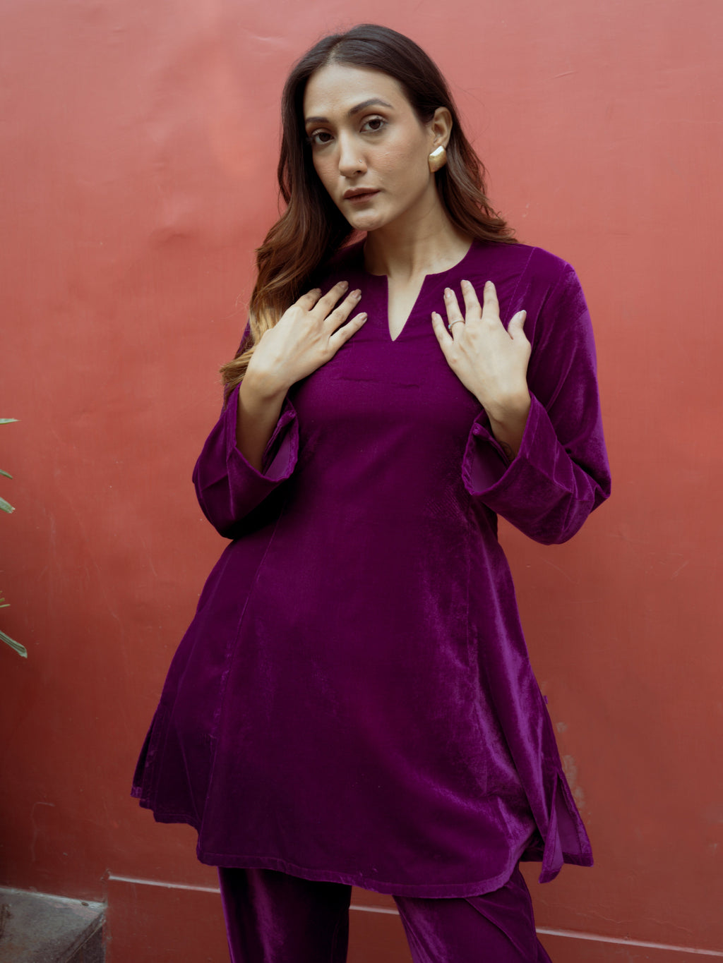 trueBrowns Wine Solid Velvet Co-Ord Set