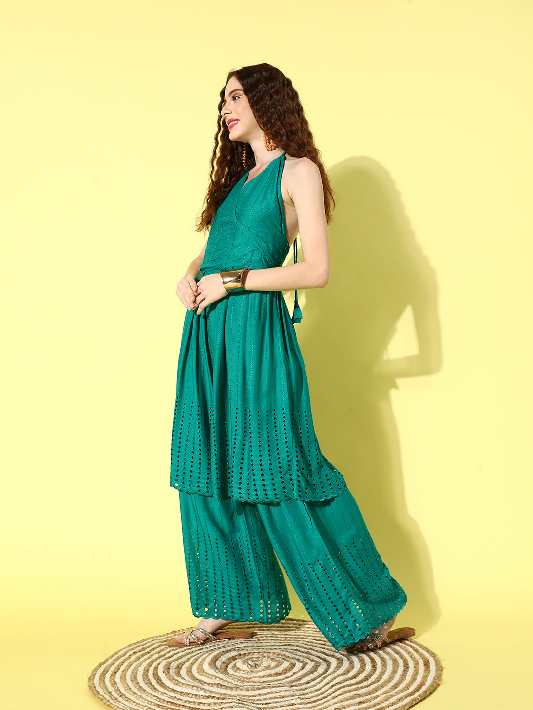 InWeave Women's Teal Lace Work Backless Kurta Sharara Set With Lehariya Dupatta