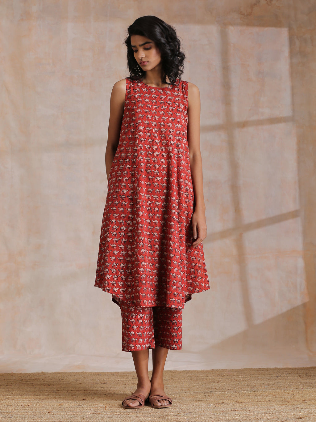 trueBrowns Rust Red Bagru Camel Print Cotton High-Low Co-Ord Set