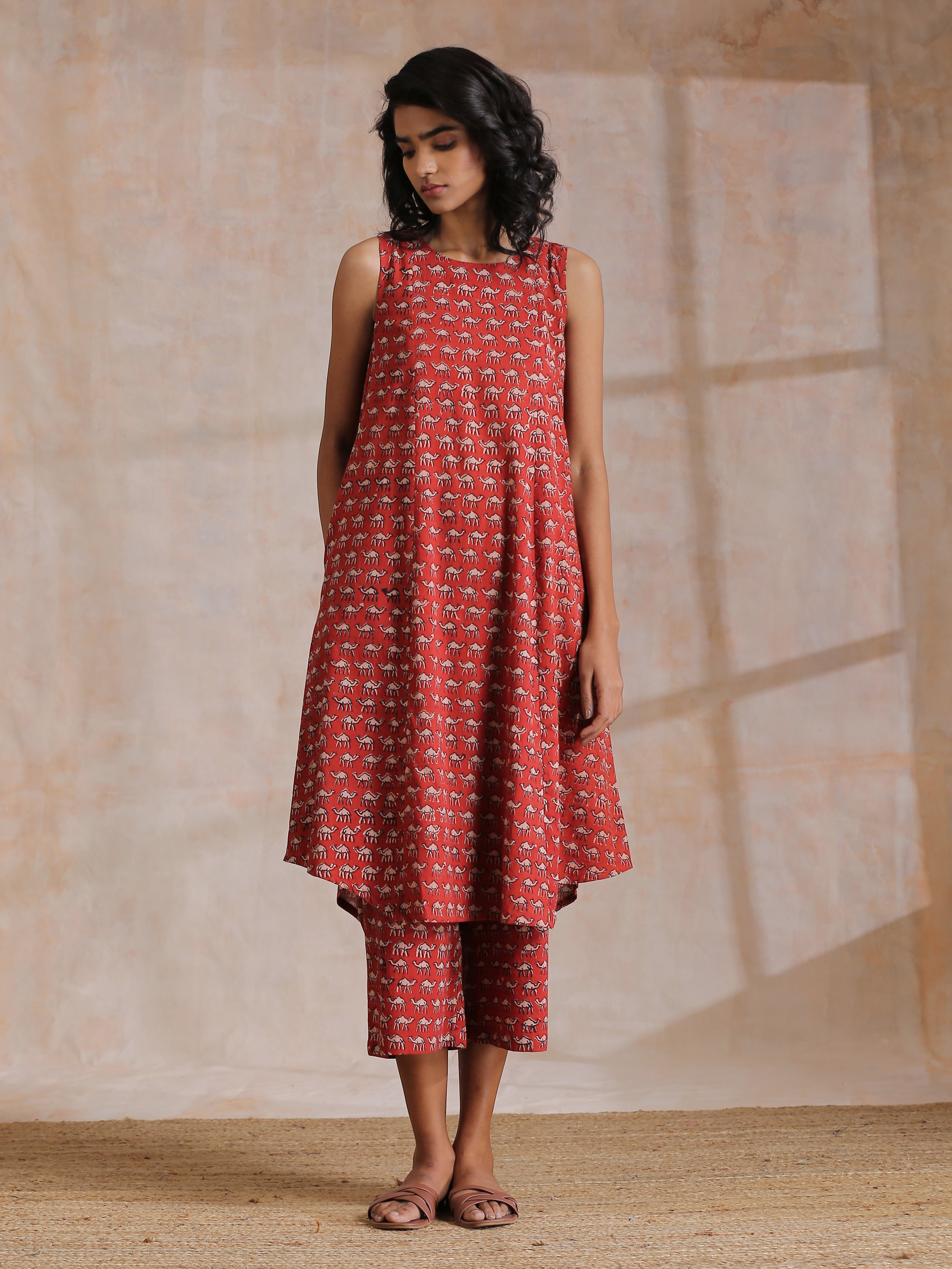trueBrowns Rust Red Bagru Camel Print Cotton High-Low Co-Ord Set
