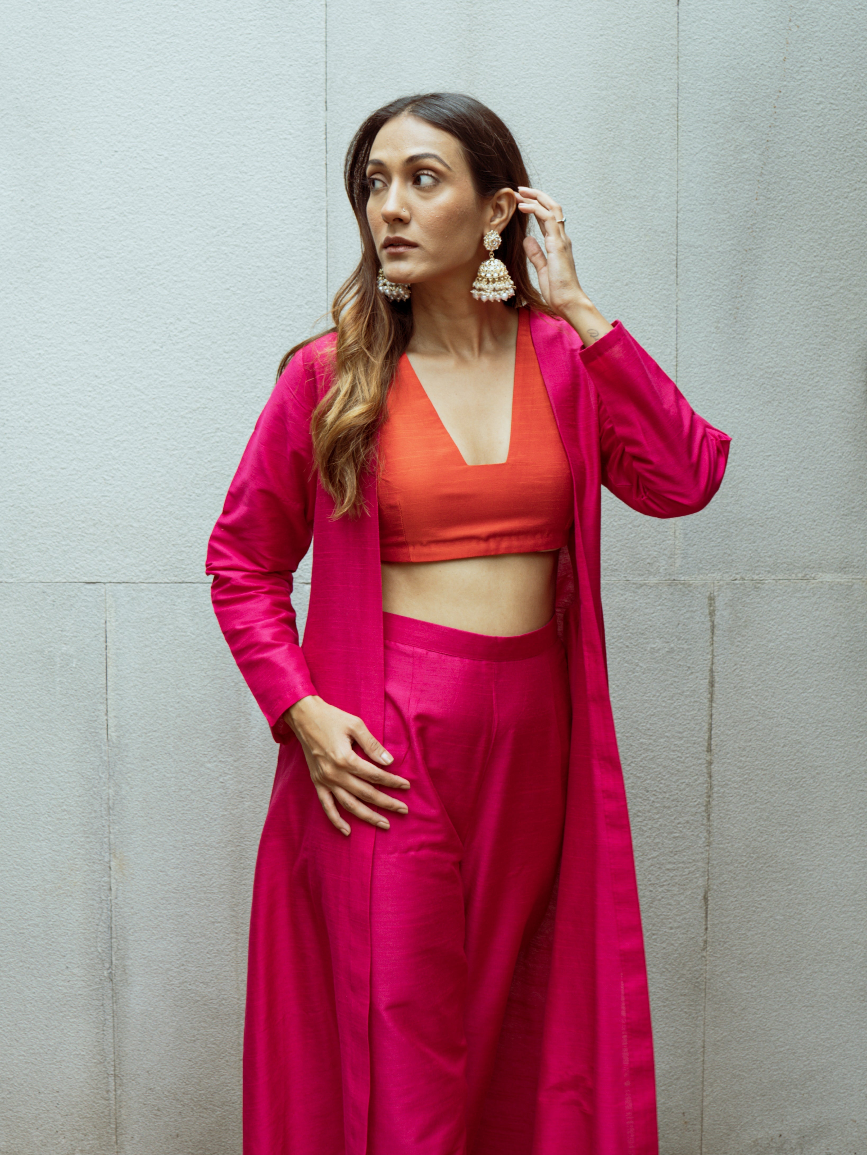 trueBrowns Pink Dupion Silk Overlay Jacket Blouse Pant Set