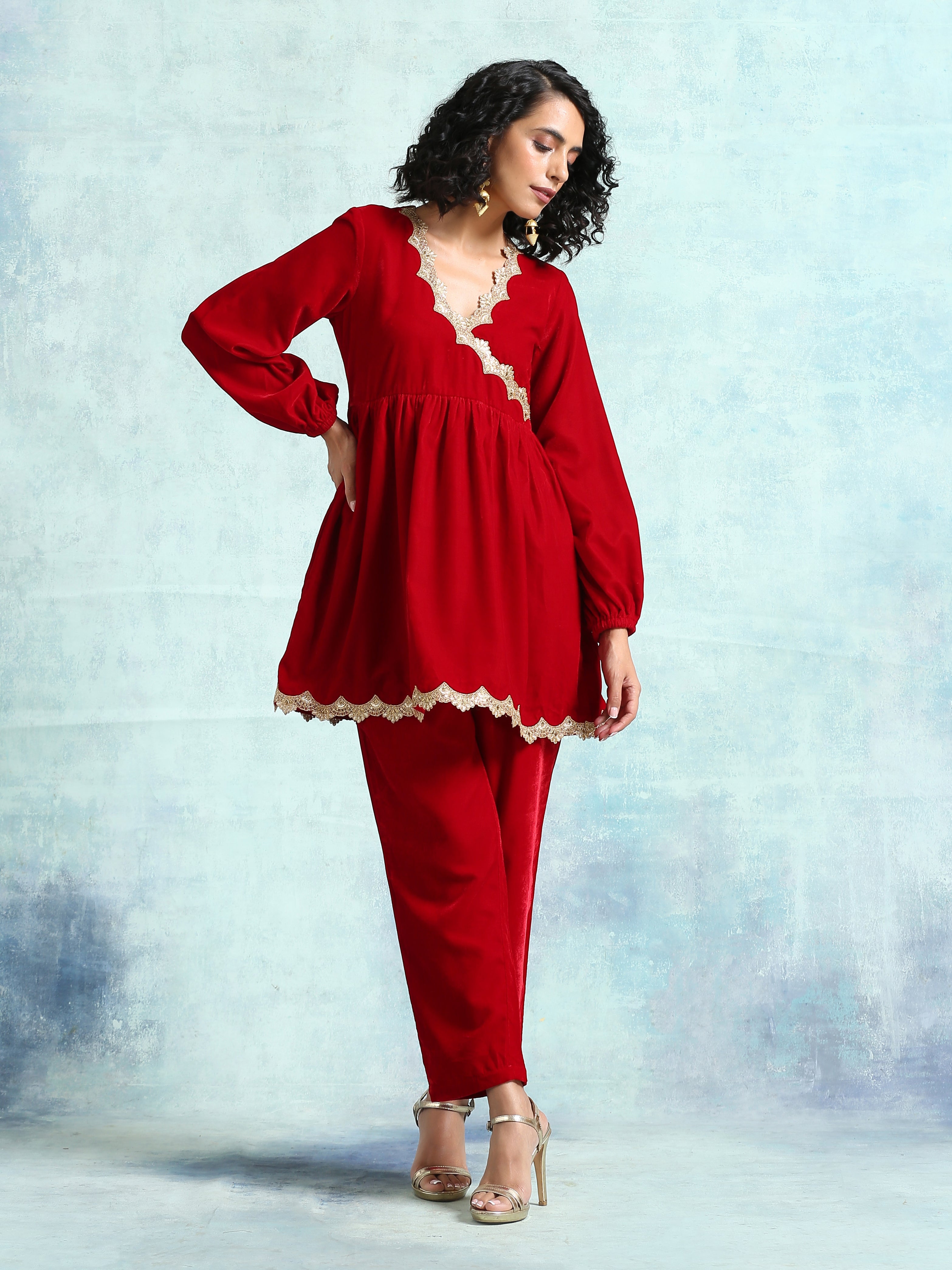 trueBrowns True Red Velvet Lace Co-Ord Set