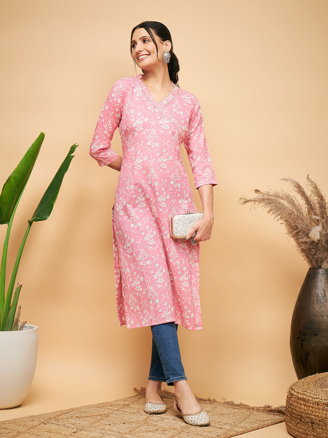 InWeave Women's Light Pink Floral Print Straight Angrakha Gota Kurta