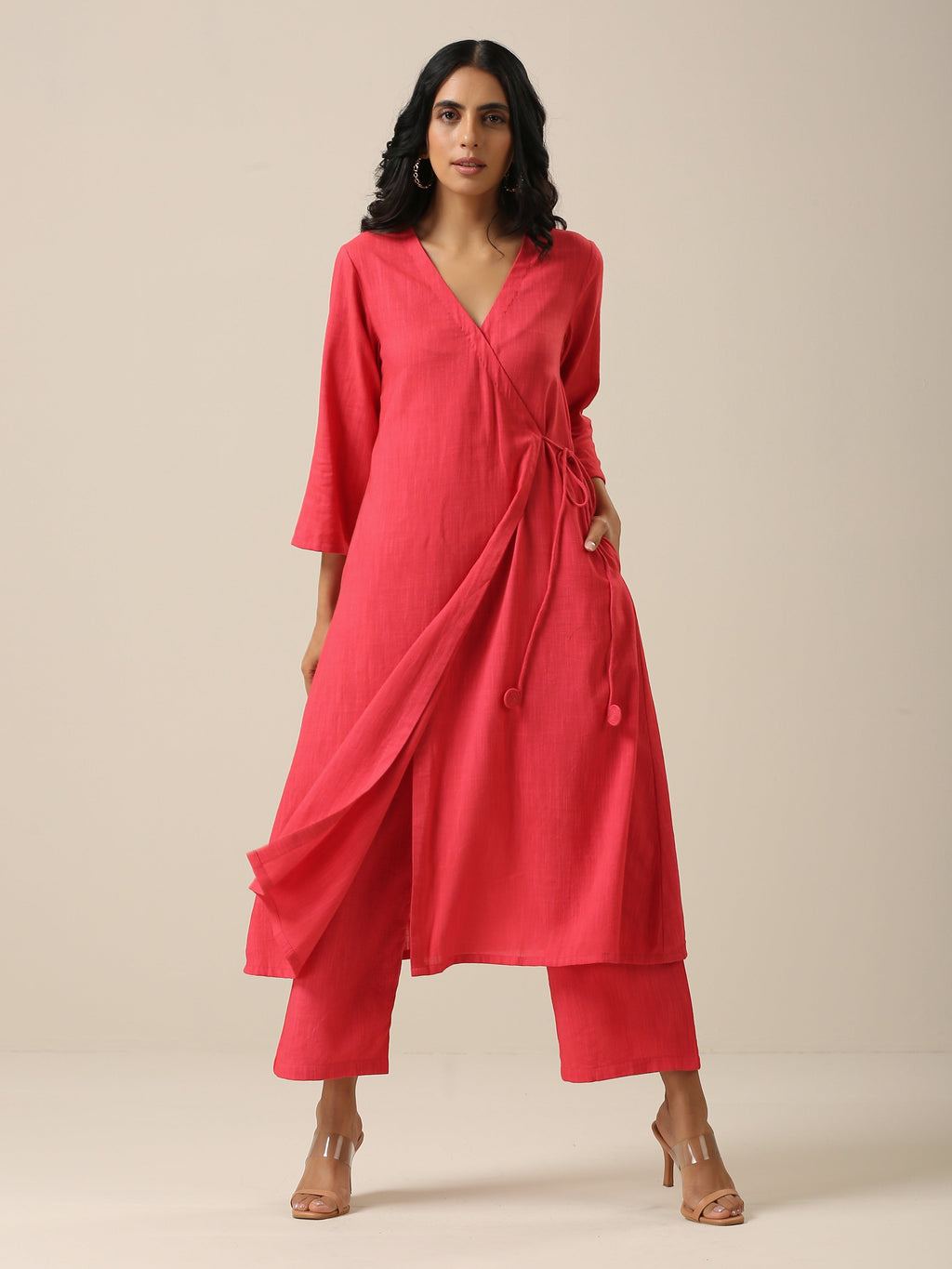 trueBrowns Bright Pink Slub Texture Angrakha Pant Set