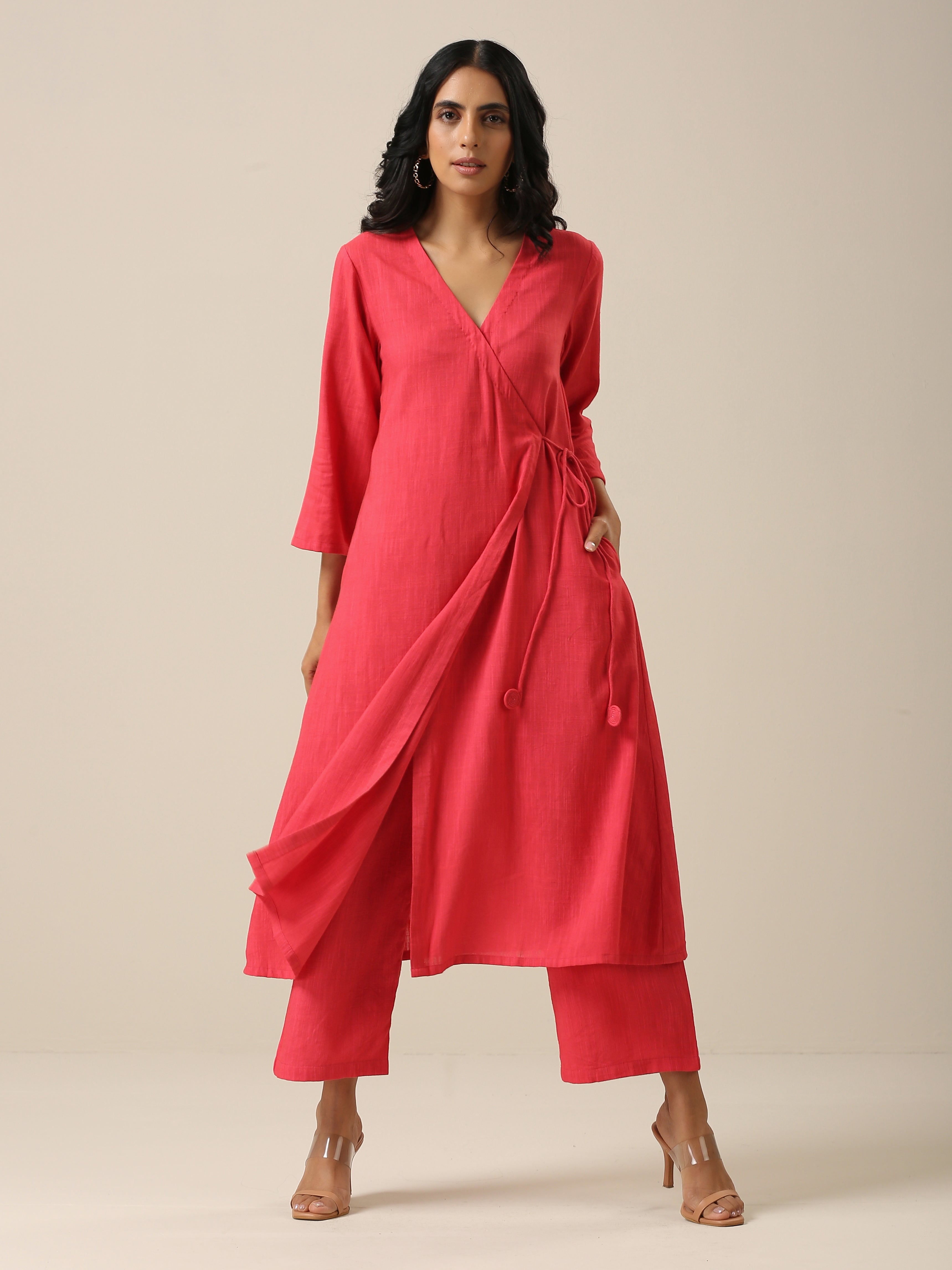trueBrowns Bright Pink Slub Texture Angrakha Pant Set