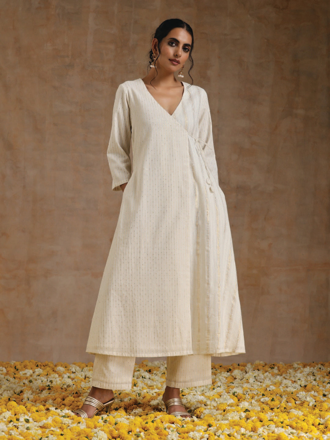 trueBrowns Ivory Gold Cotton Angrakha Kurta Set