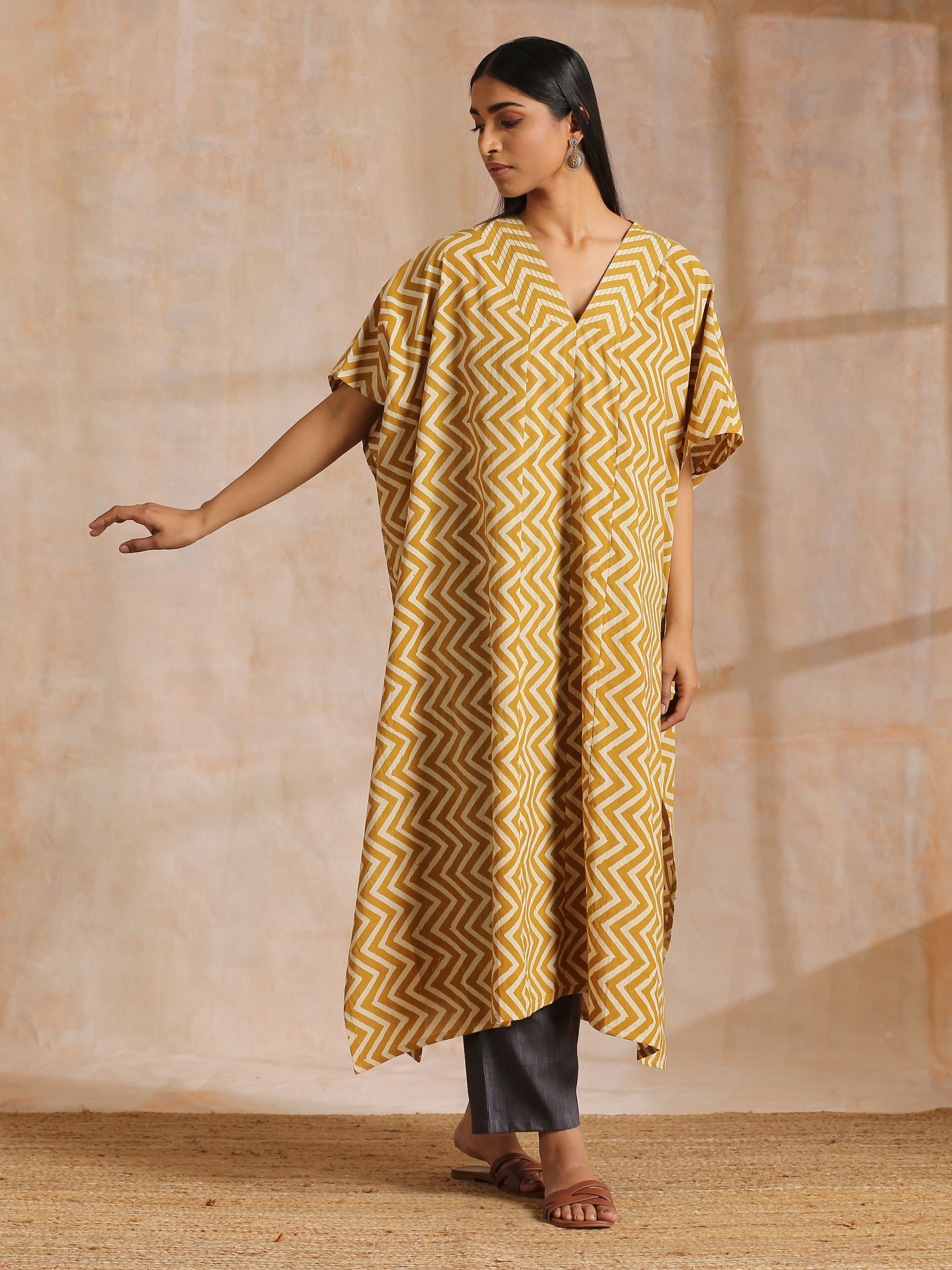 trueBrowns Mustard Dabu Zig-Zag Lines Print Cotton Panel Kaftan Kurta Pant Set