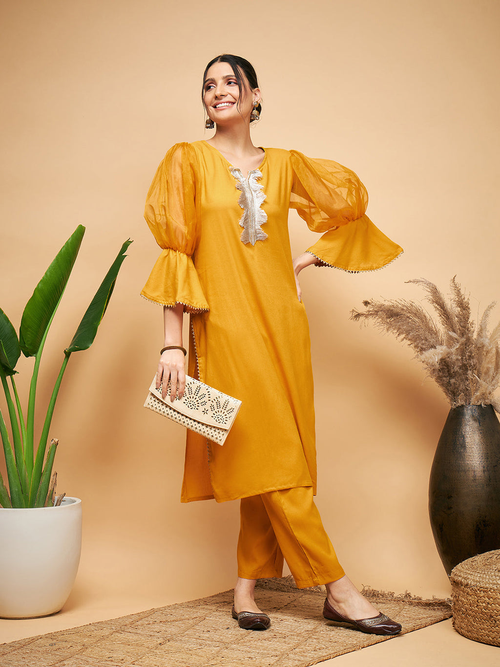 InWeave Women's Mustard Organza Sleeve Kurta Set